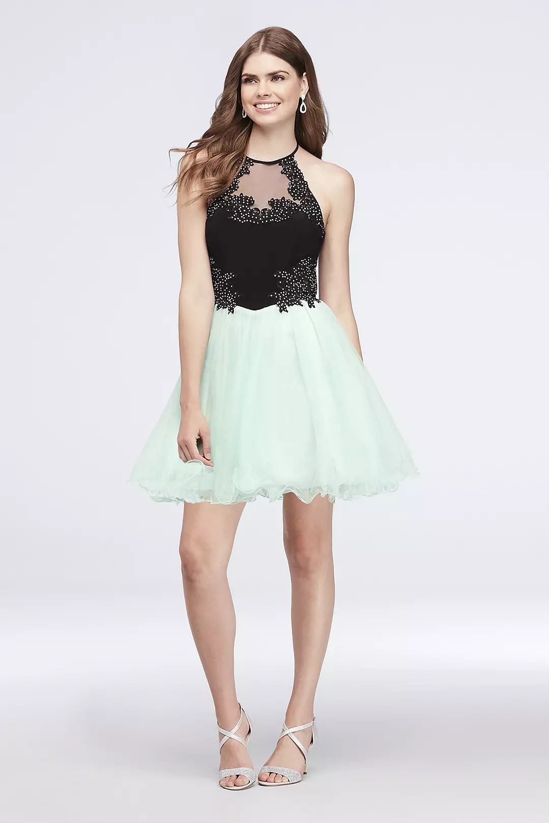 Lace Appliqued Mesh Halter Fit-and-Flare Dress - Image 7
