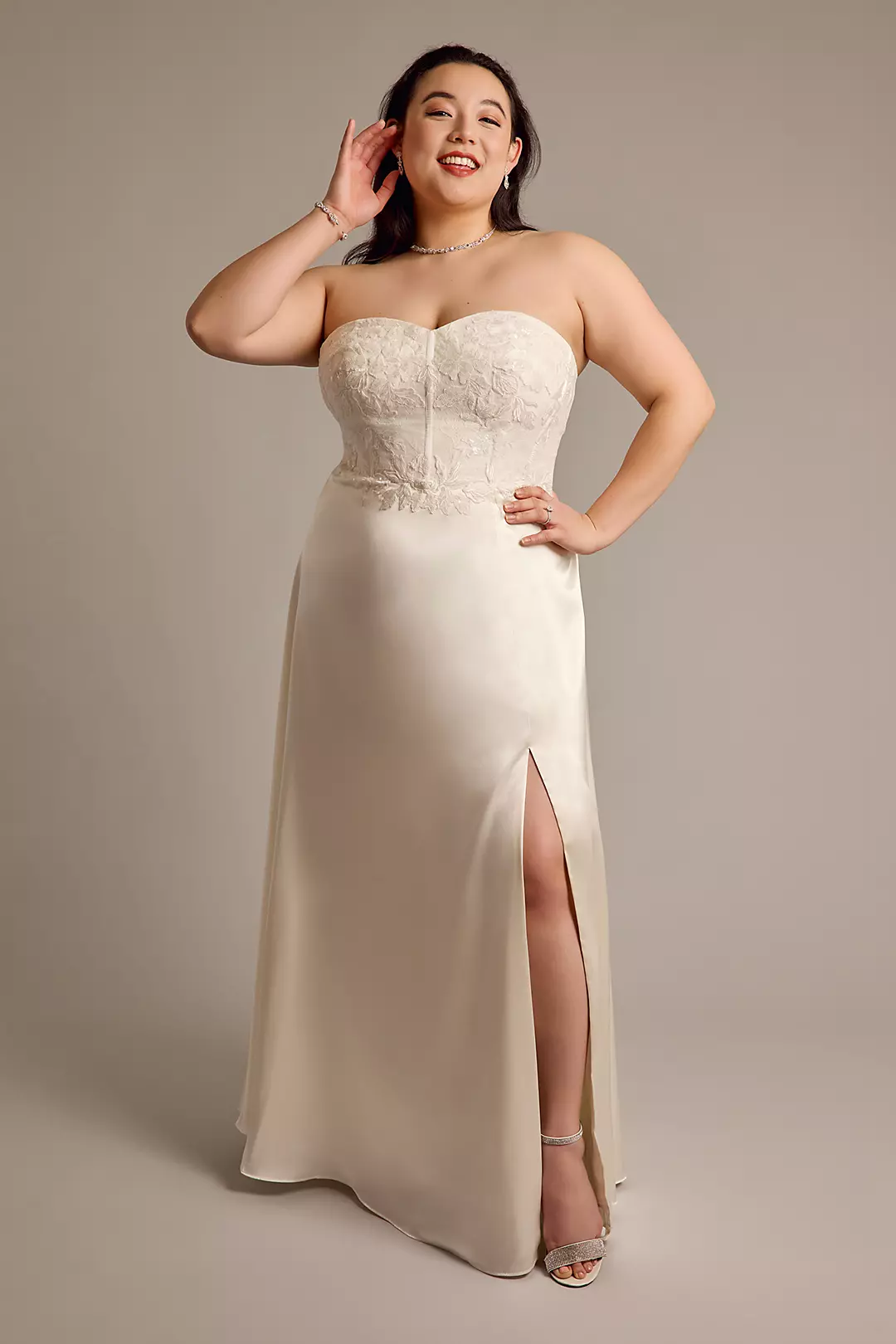 Lace Appliqued Strapless Charmeuse Wedding Dress - Image 10