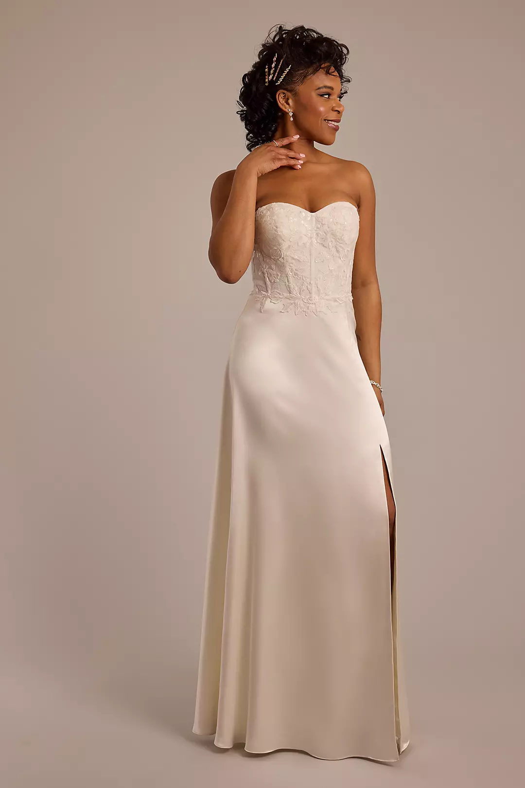 Lace Appliqued Strapless Charmeuse Wedding Dress - Image 16