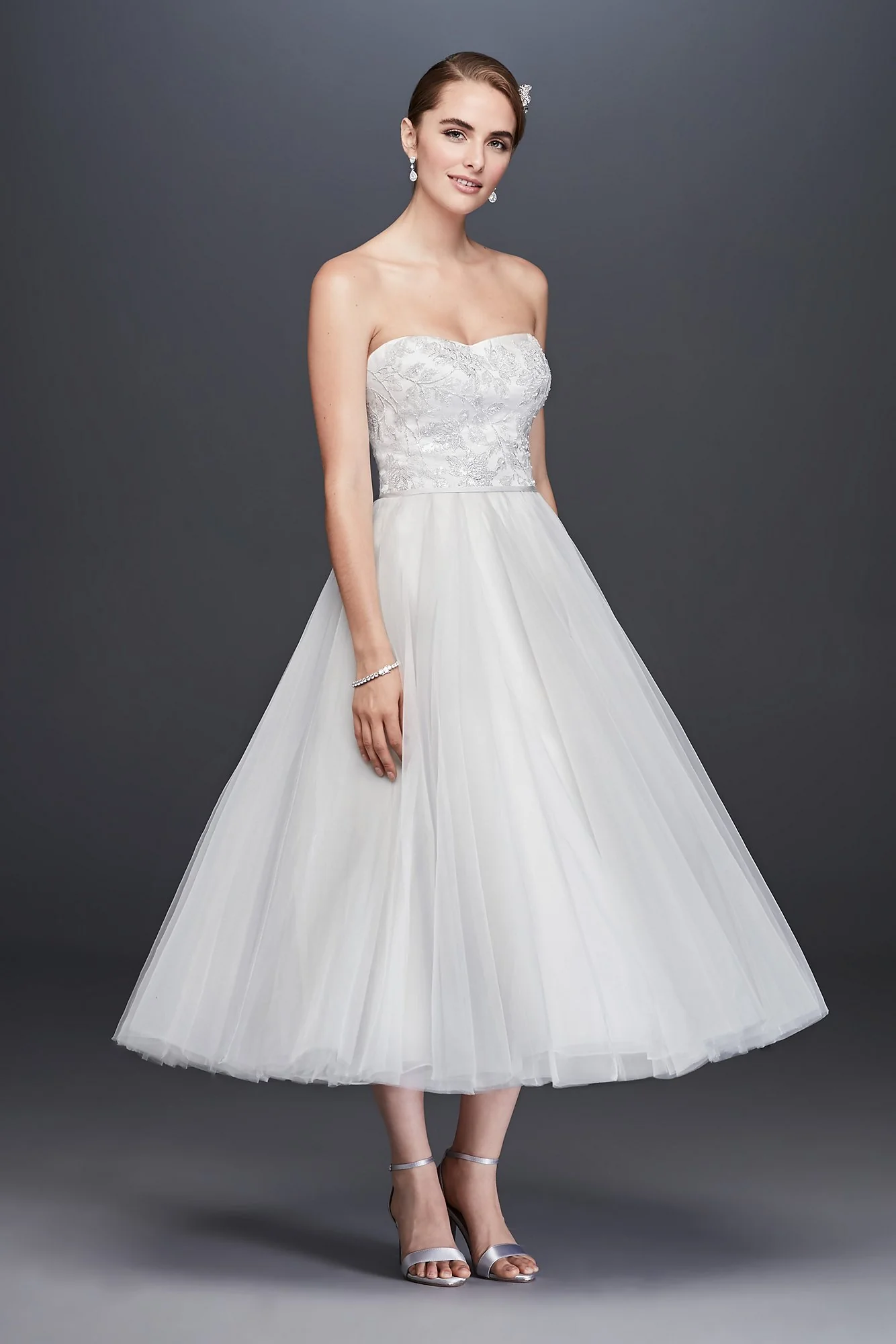 Lace Appliqued Tulle Tea-Length Wedding Dress - Image 11