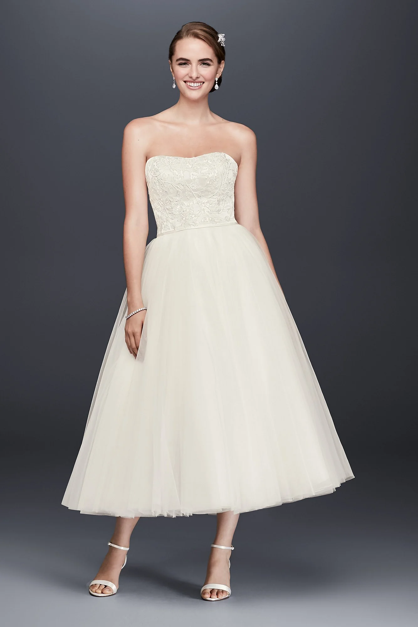 Lace Appliqued Tulle Tea-Length Wedding Dress - Image 7
