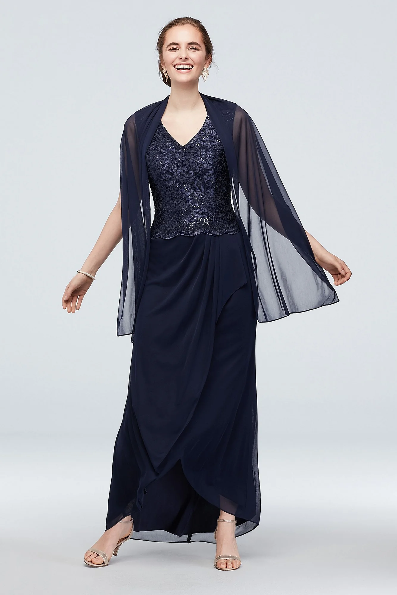 Lace Bodice and Mesh Ruched Skirt Gown with Wrap - Image 2
