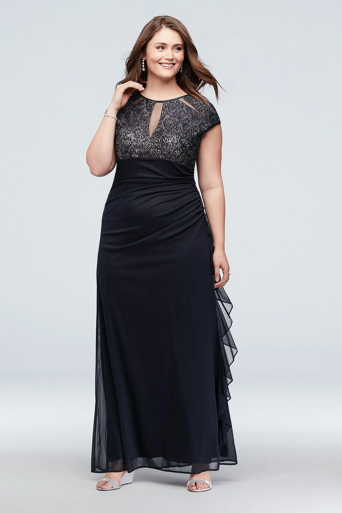 Lace Bodice Keyhole Gown with Mesh Ruched Cascade - Image 2