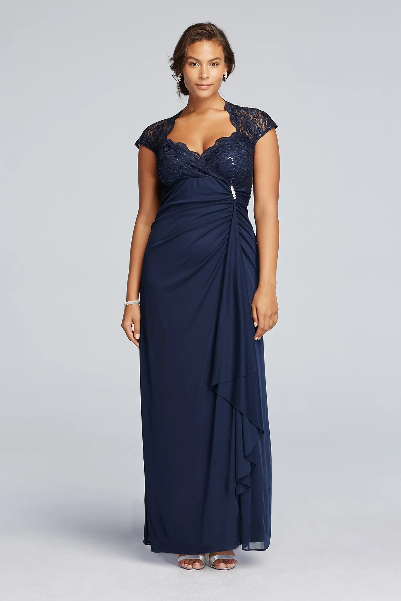 Lace Bodice Long Mesh Dress with Cap Sleeves - Image 3