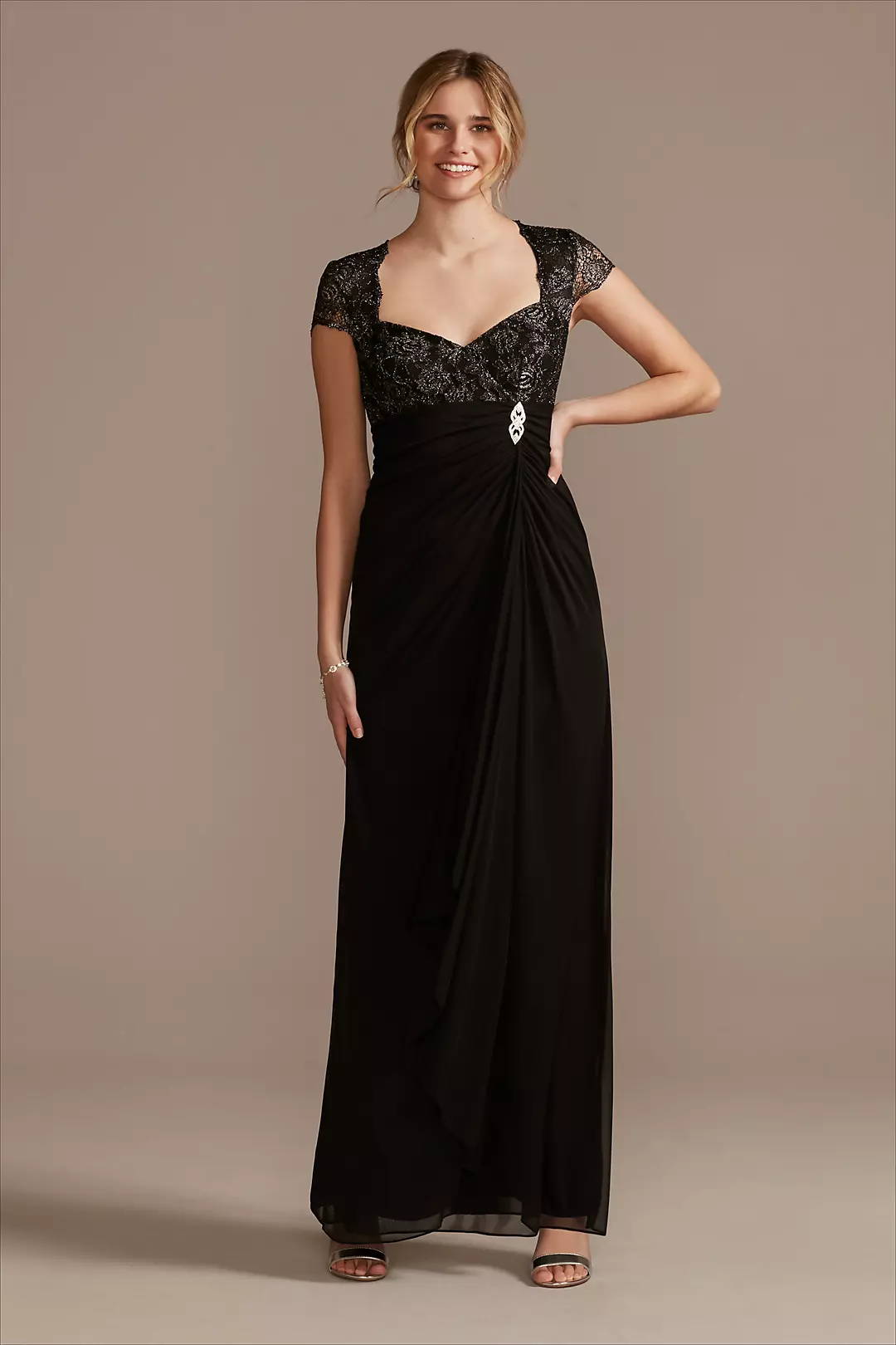 Lace Bodice V-Neck Cap Sleeve Mesh Dress - Image 13