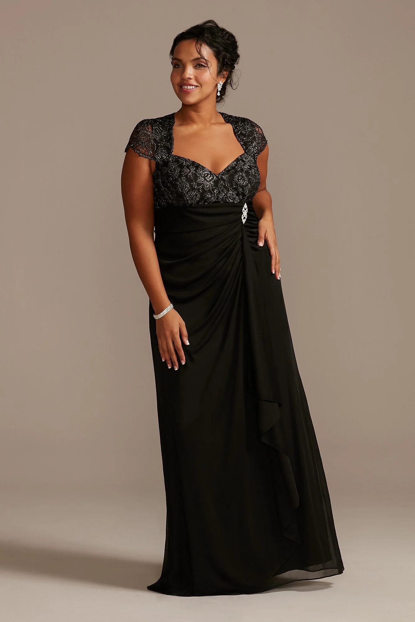 Lace Bodice V-Neck Cap Sleeve Mesh Dress - Image 3