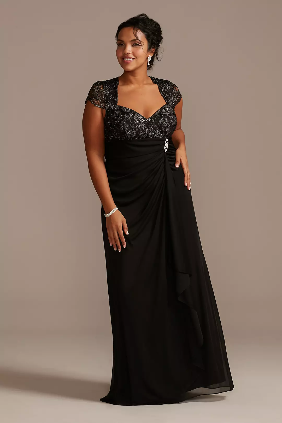 Lace Bodice V-Neck Cap Sleeve Mesh Dress - Image 4