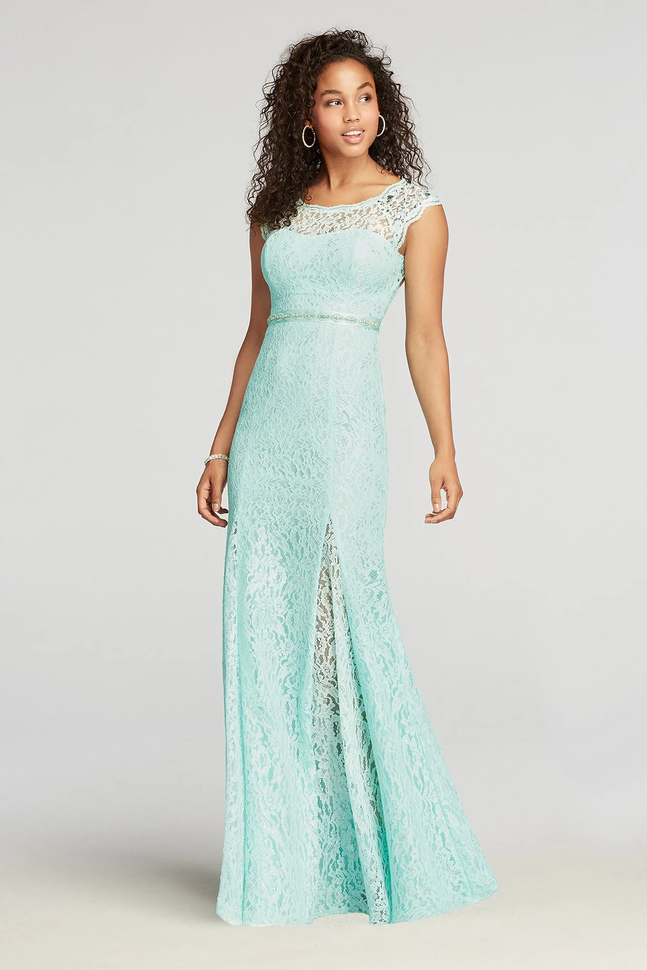 Lace Cap Sleeve Prom Dress with Beaded Waist