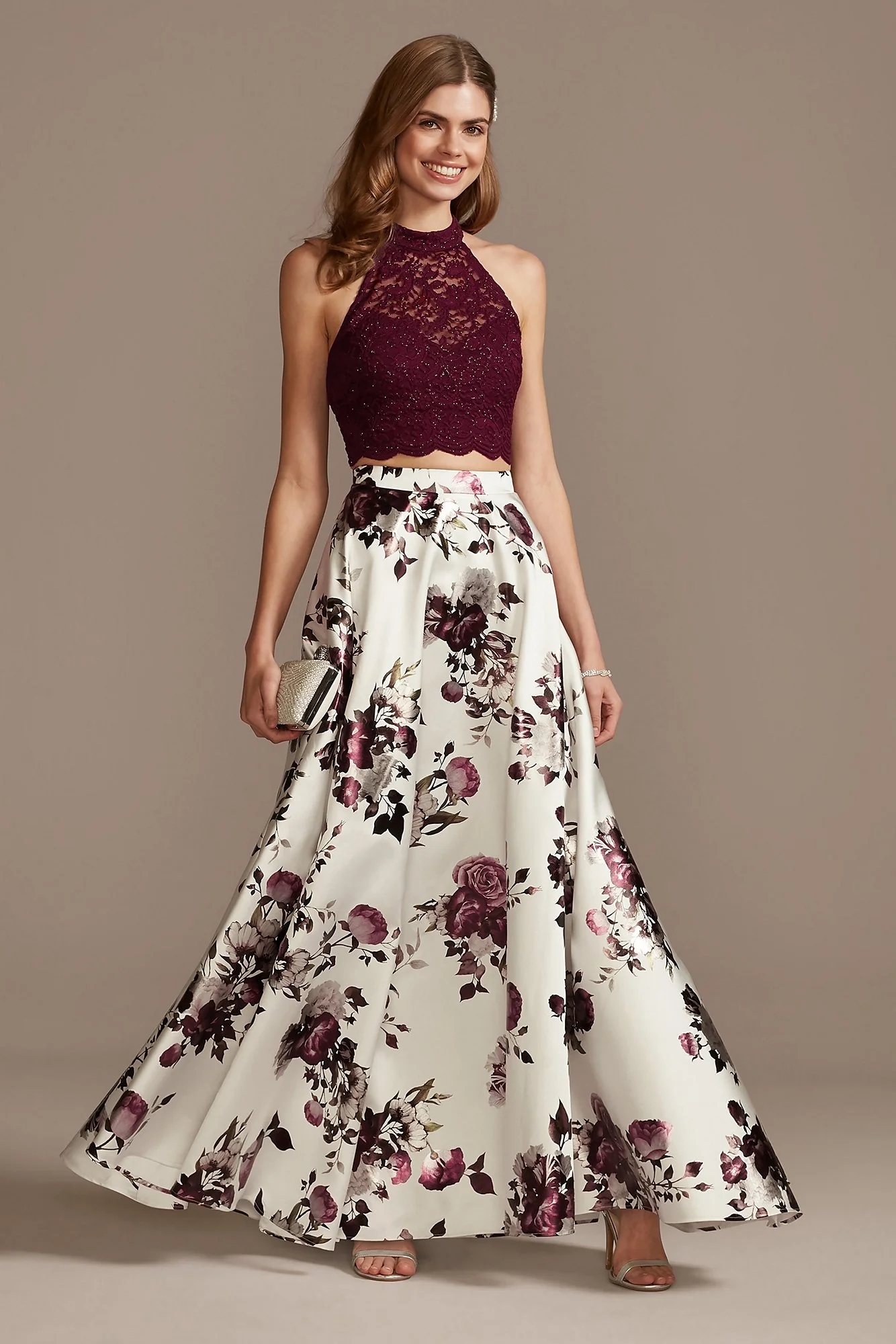 Lace Circle Neck Crop Top with Floral Skirt Set - Image 2