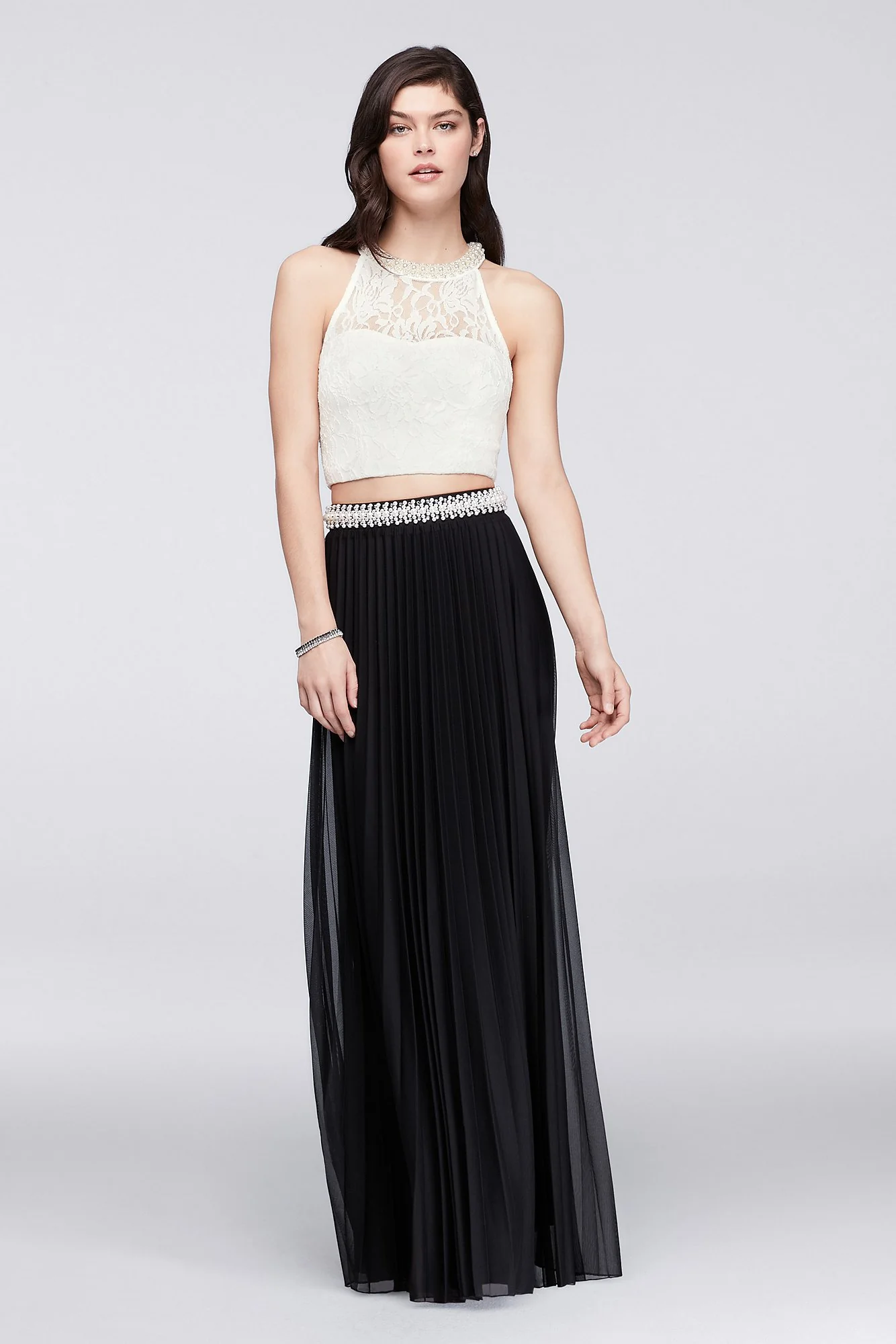 Lace Crop Top and Pleated Skirt Two-Piece Dress