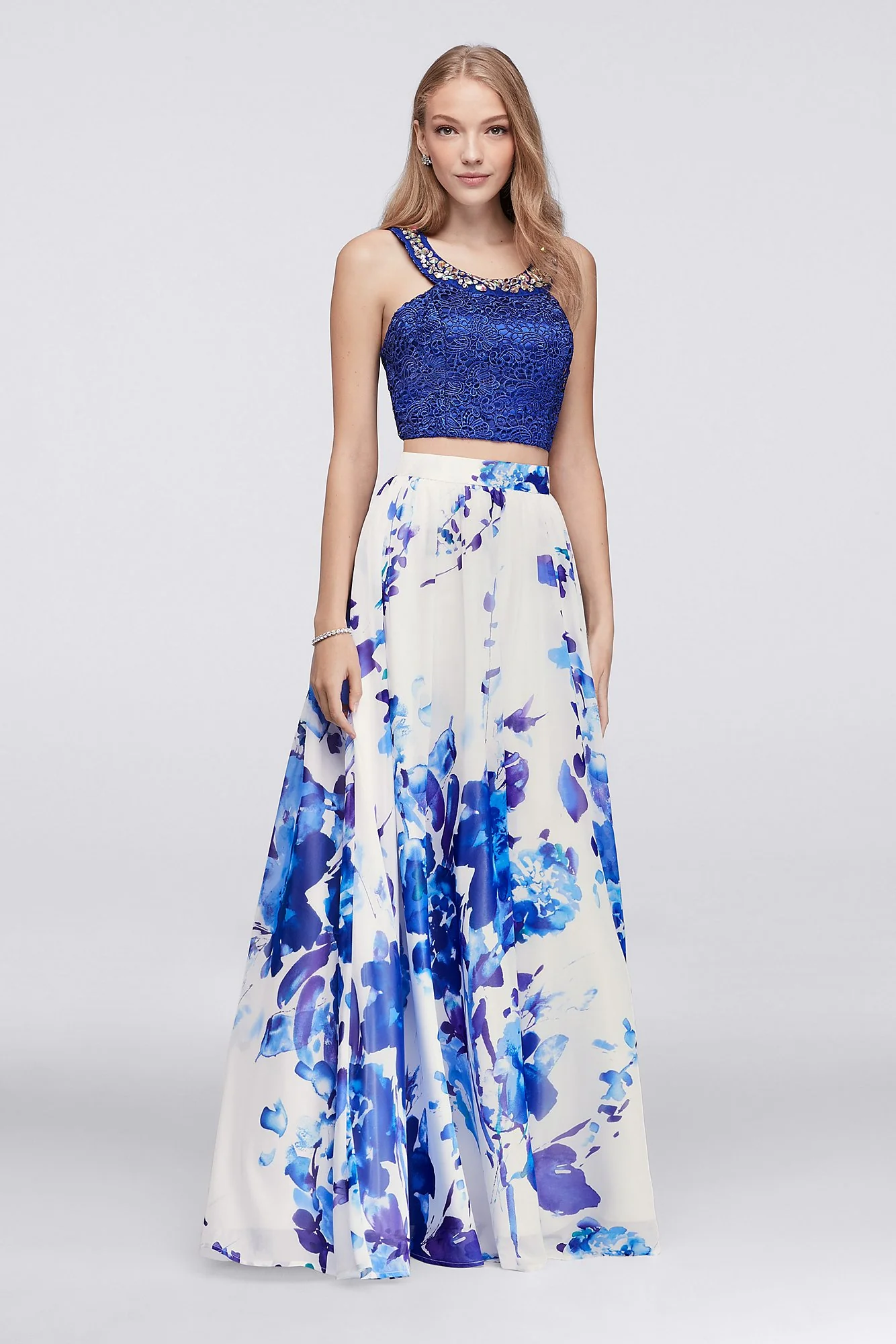Lace Crop Top and Printed Chiffon Two-Piece Dress