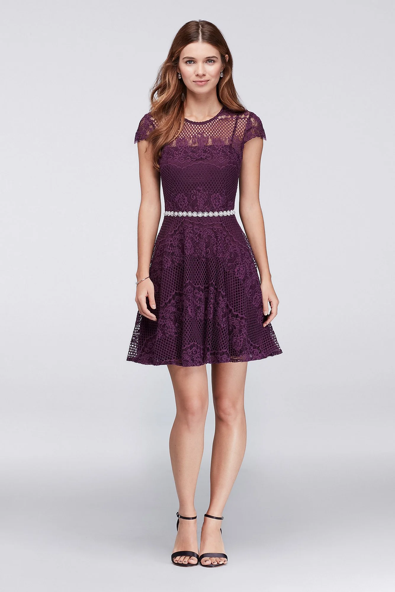 Lace Dress with Beaded Waist and Short Cap Sleeve