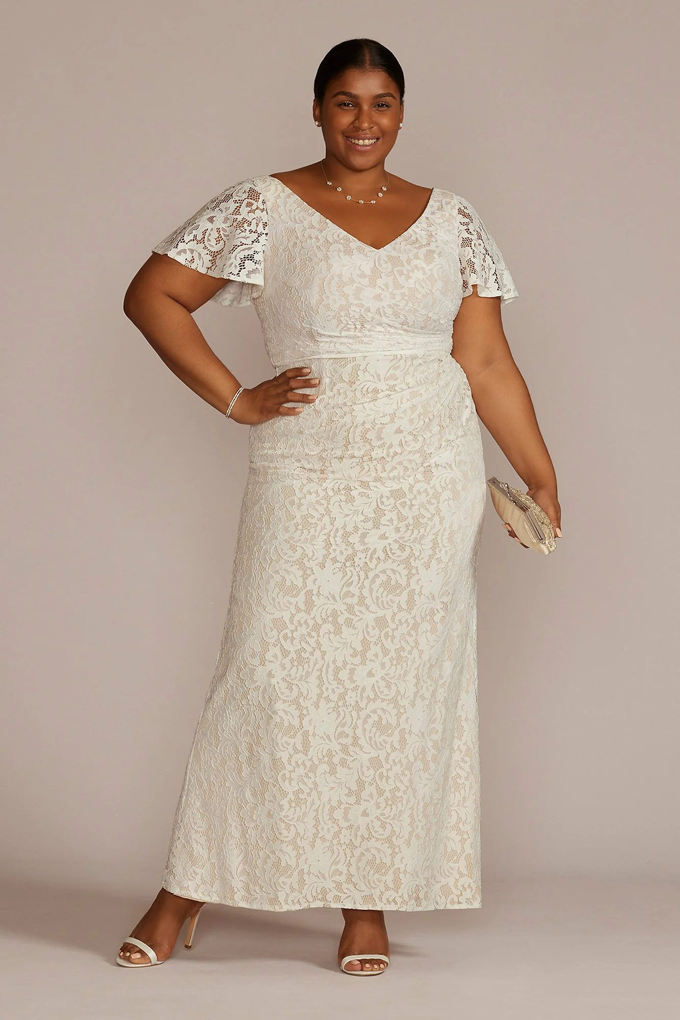 Lace Flutter Sleeve Draped Sheath Wedding Gown
