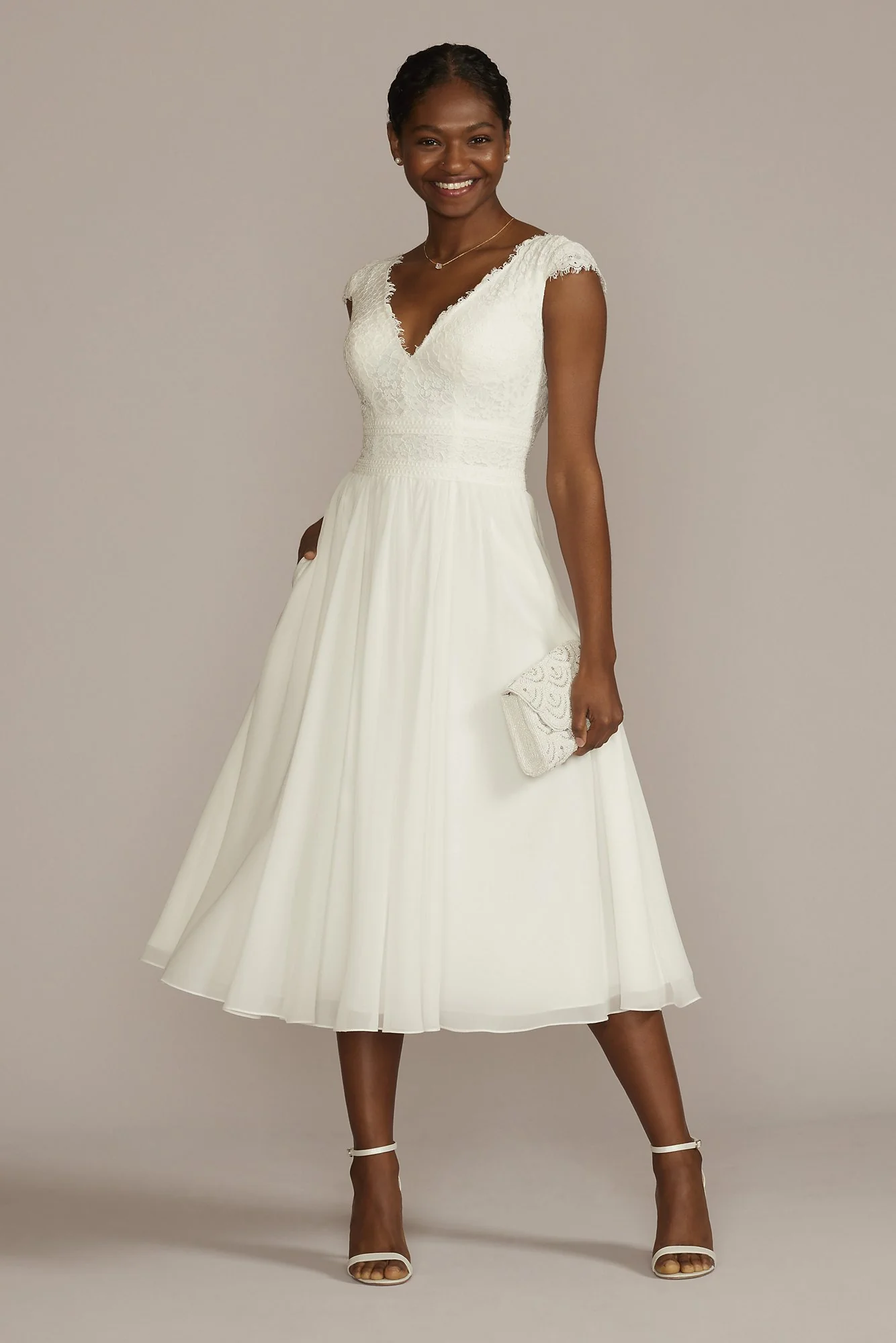 Lace Illusion Back Chiffon Tea Length Wedding Gown - Image 2