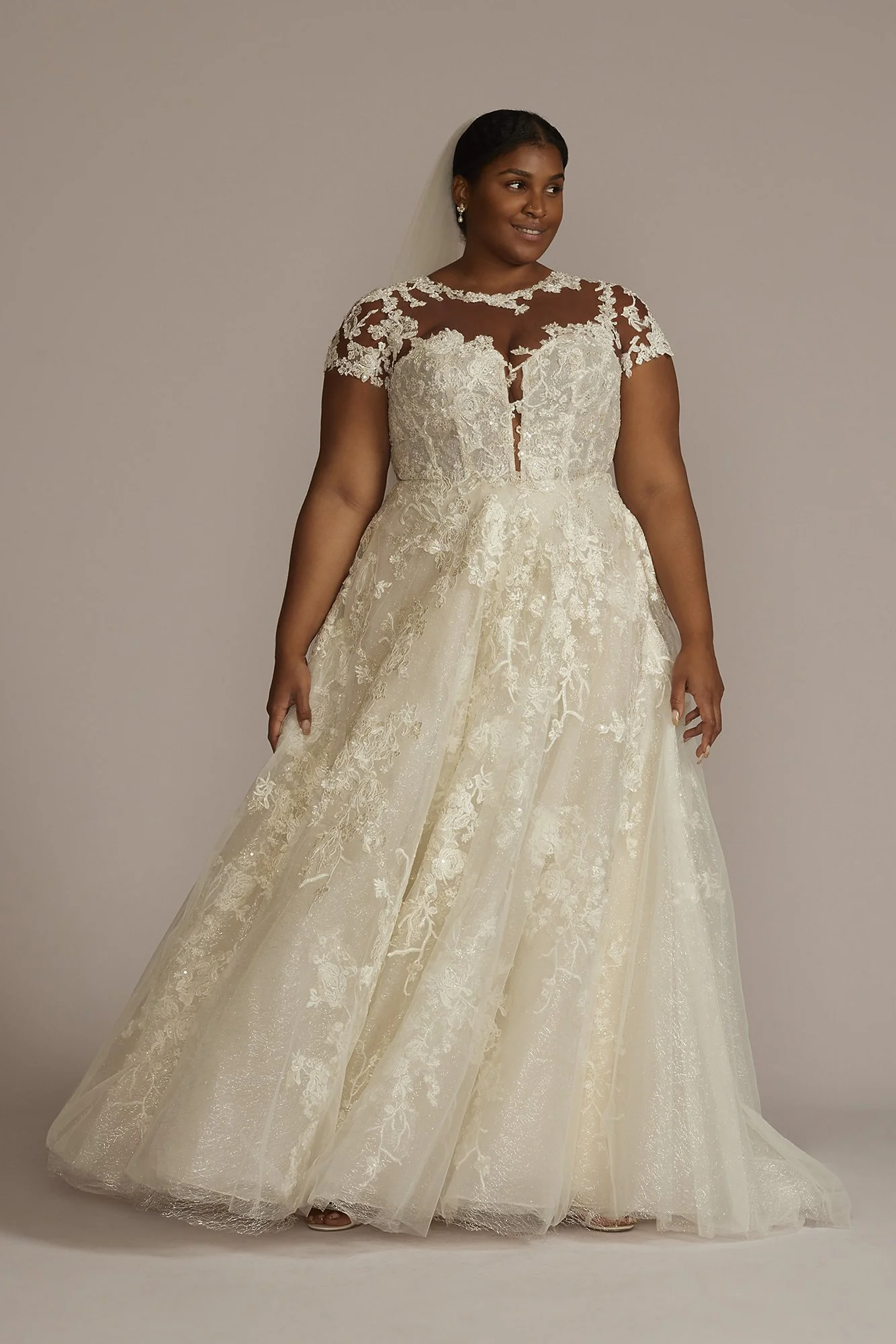 Lace Illusion Cap Sleeve Ball Gown Wedding Dress - Image 10