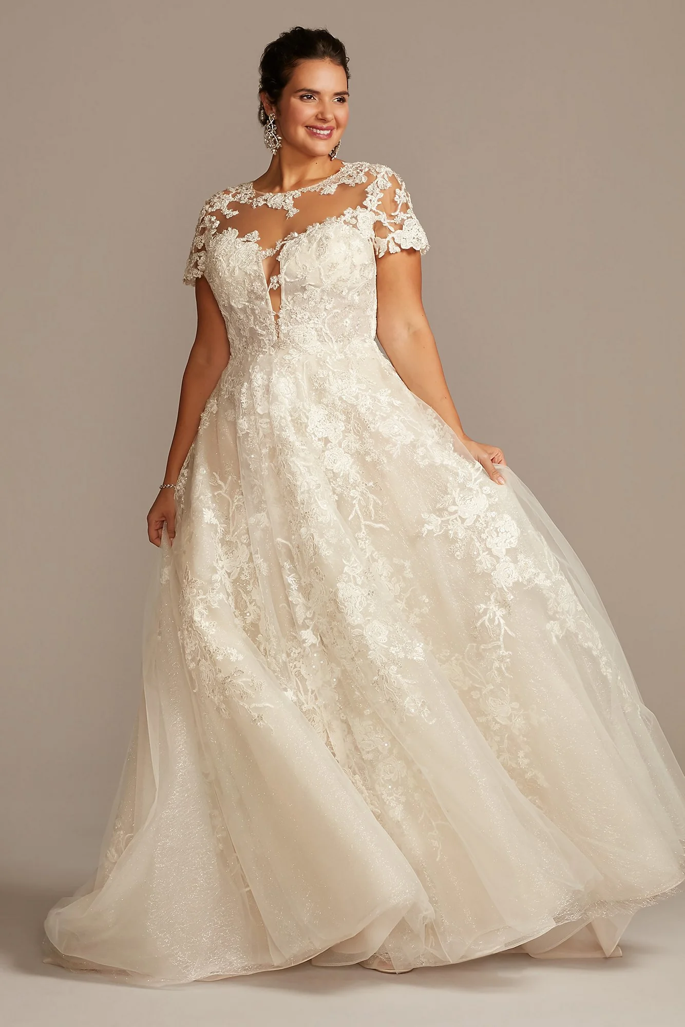 Lace Illusion Cap Sleeve Ball Gown Wedding Dress - Image 14