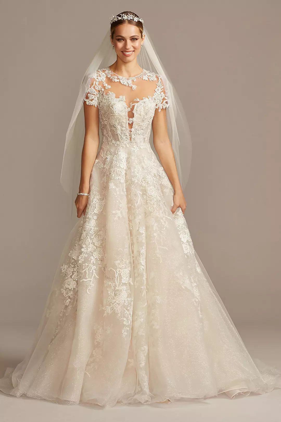 Lace Illusion Cap Sleeve Ball Gown Wedding Dress - Image 20