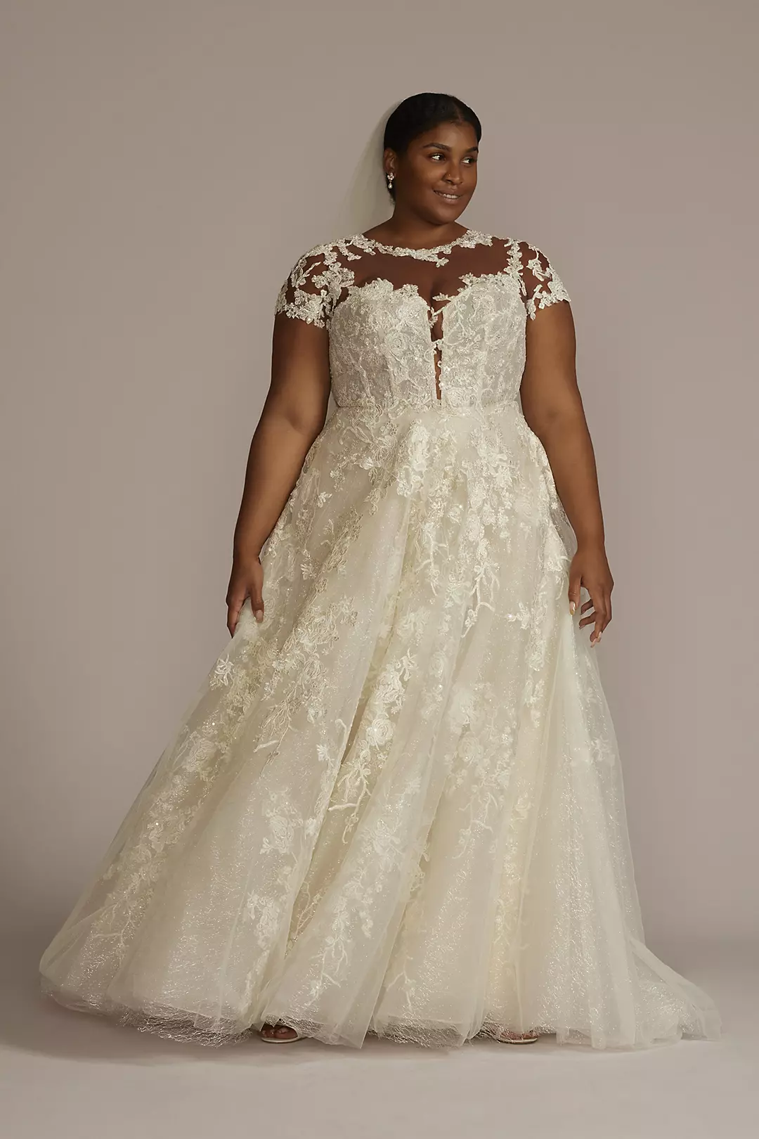 Lace Illusion Cap Sleeve Ball Gown Wedding Dress - Image 22