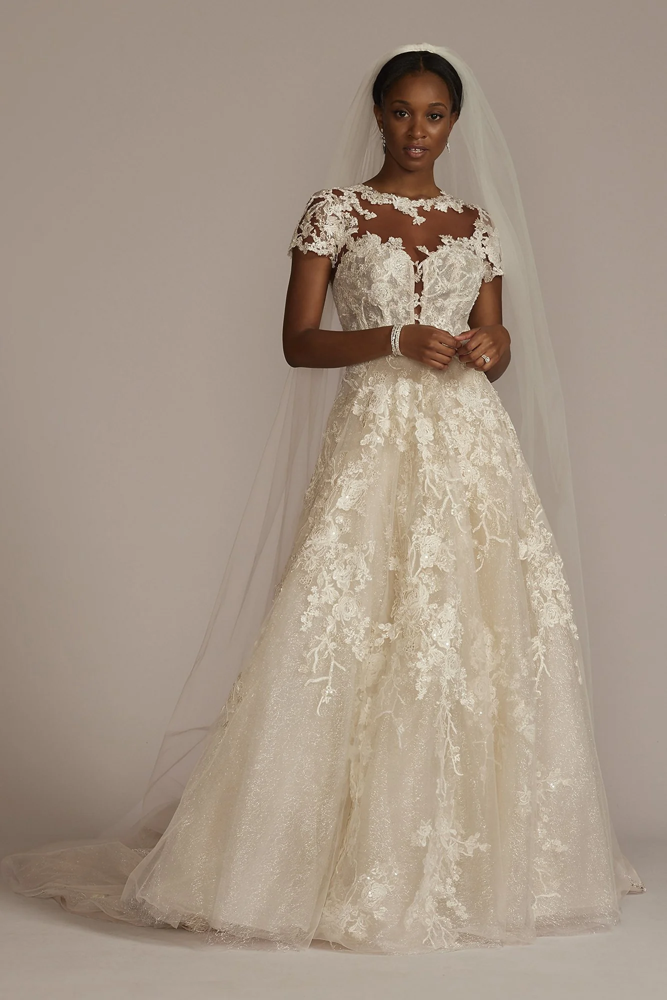 Lace Illusion Cap Sleeve Ball Gown Wedding Dress - Image 6