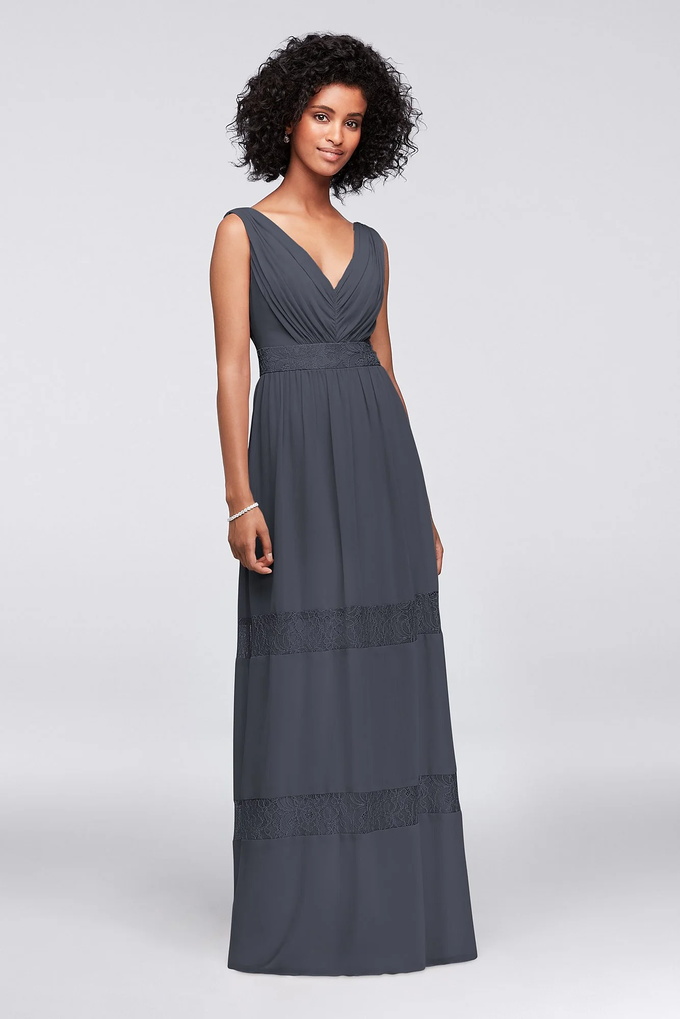 Lace-Inset Chiffon V-Neck Long Bridesmaid Dress - Image 62