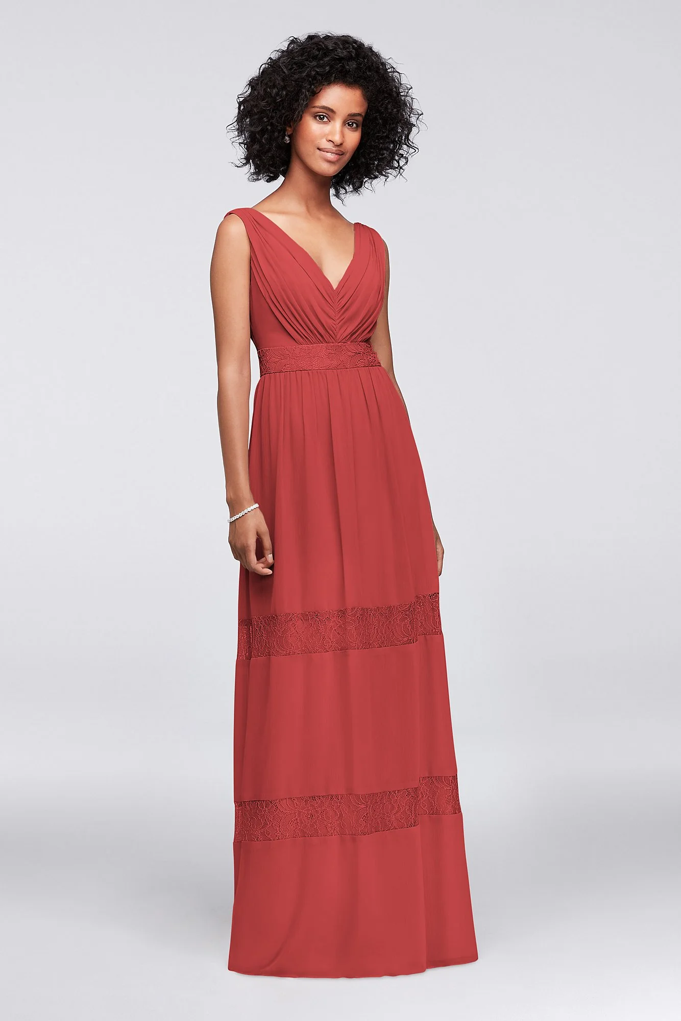 Lace-Inset Chiffon V-Neck Long Bridesmaid Dress - Image 64