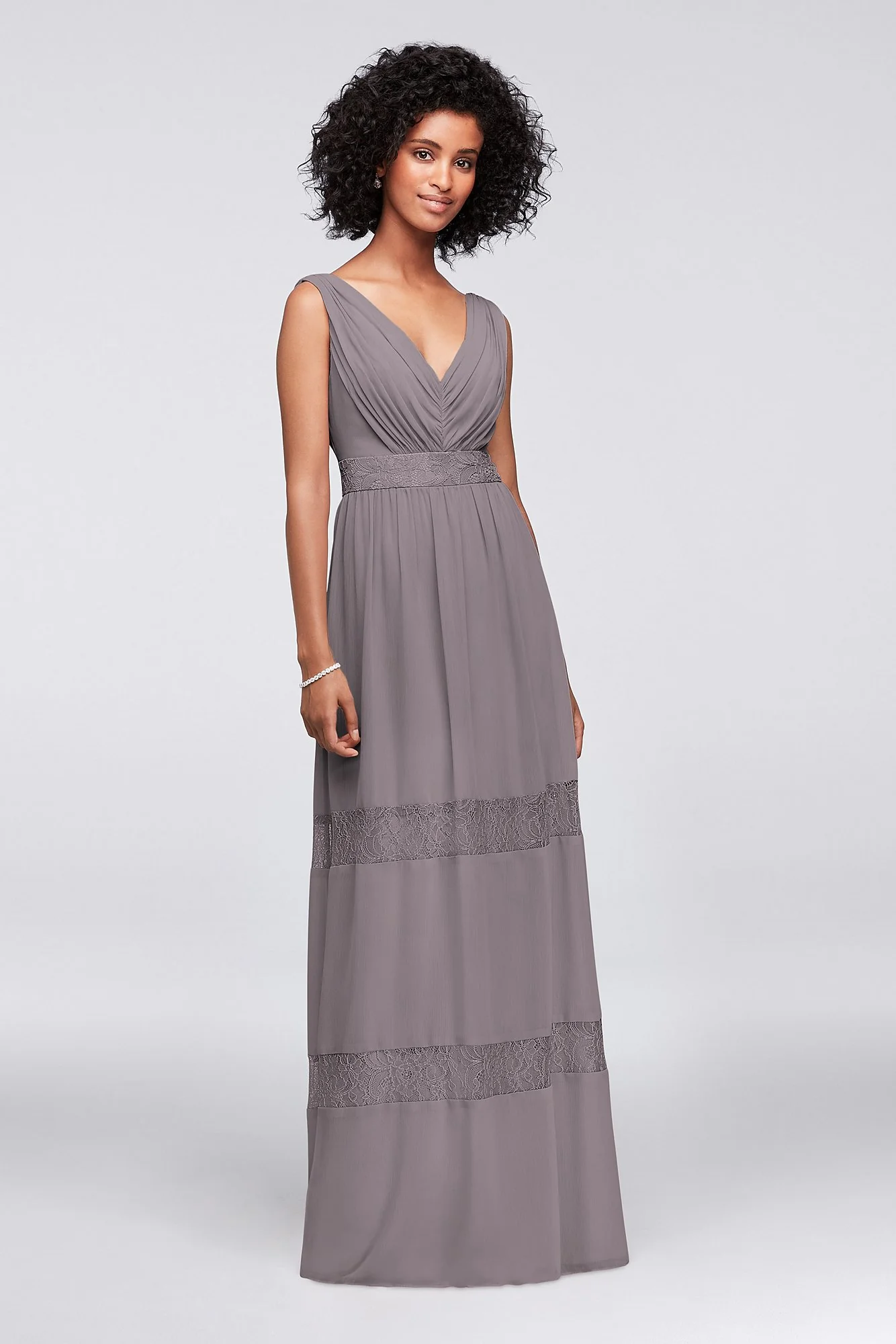 Lace-Inset Chiffon V-Neck Long Bridesmaid Dress - Image 65