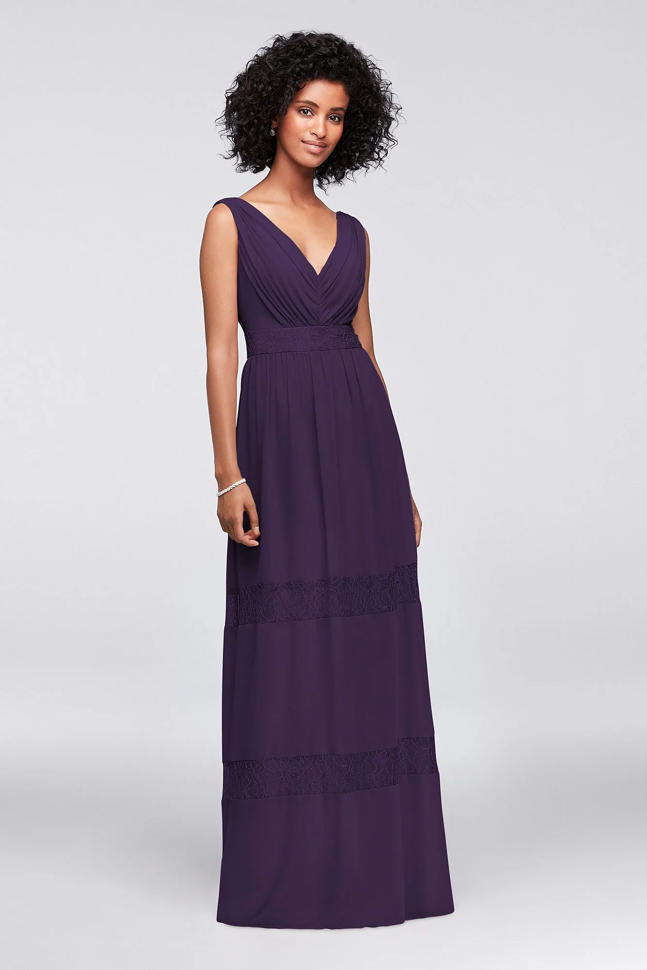 Lace-Inset Chiffon V-Neck Long Bridesmaid Dress - Image 77