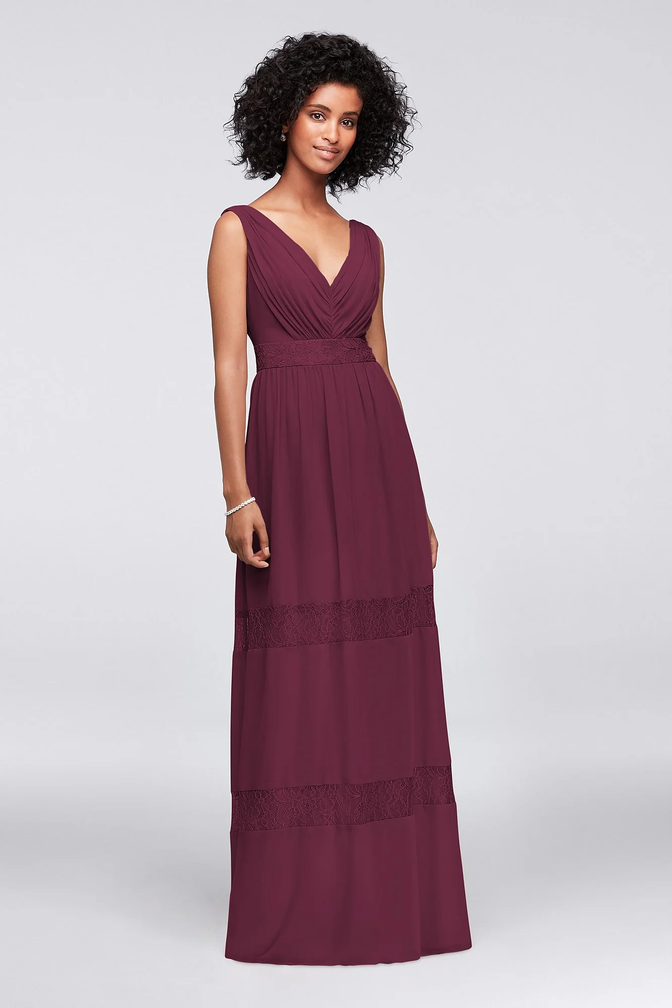 Lace-Inset Chiffon V-Neck Long Bridesmaid Dress - Image 85