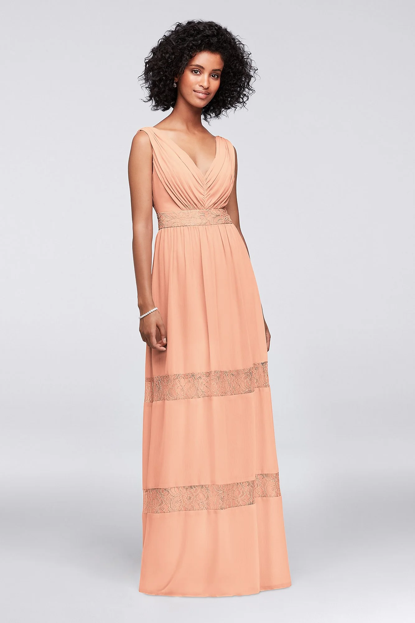 Lace-Inset Chiffon V-Neck Long Bridesmaid Dress - Image 92