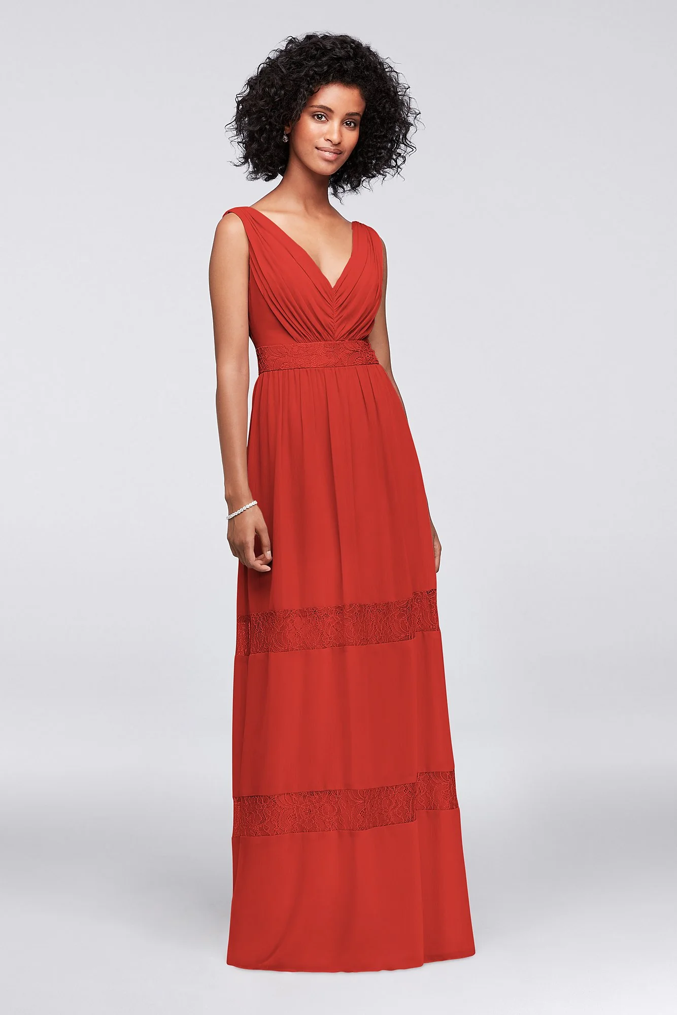 Lace-Inset Chiffon V-Neck Long Bridesmaid Dress - Image 93