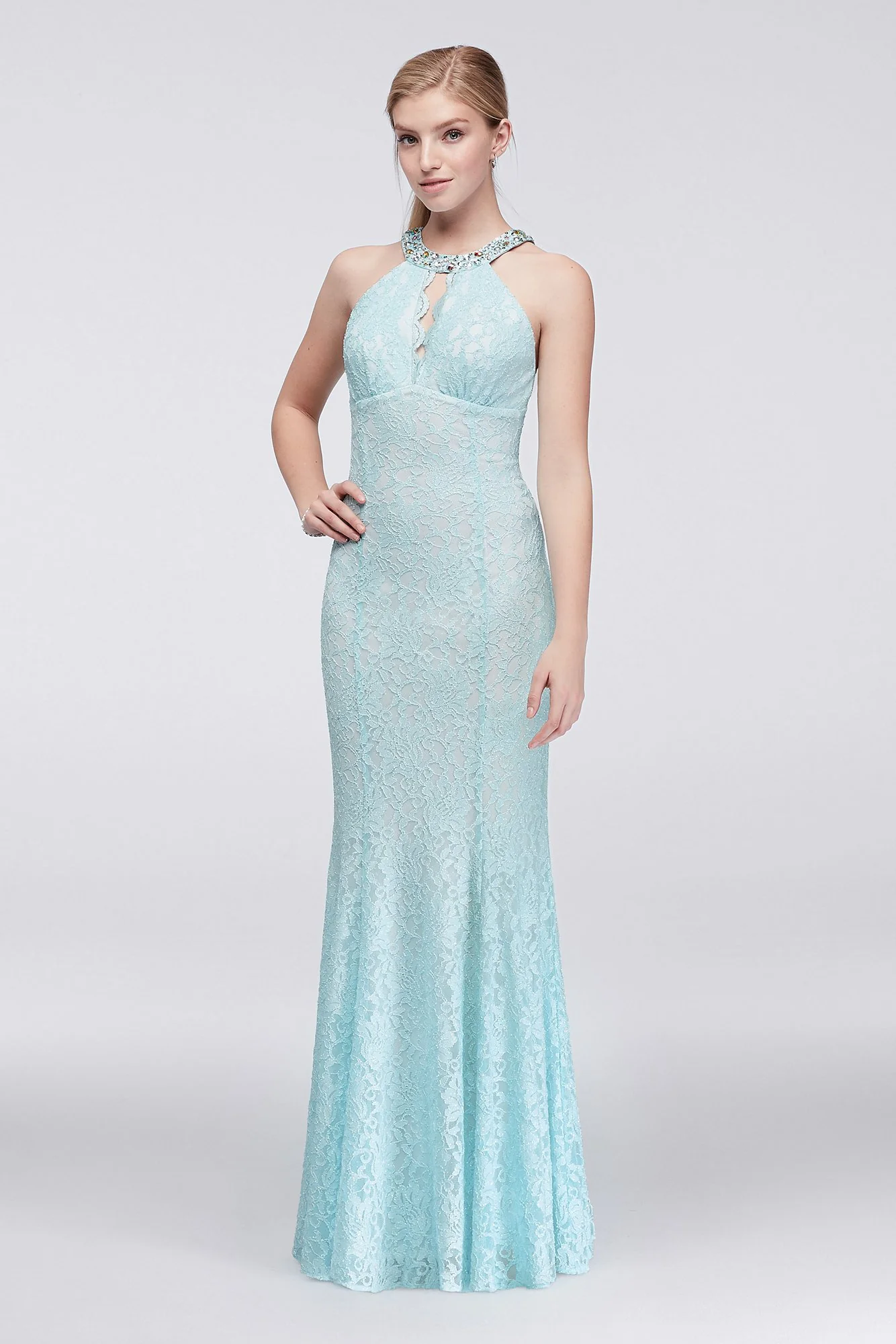 Lace Keyhole Mermaid Dress with Jeweled Neckline - Image 2