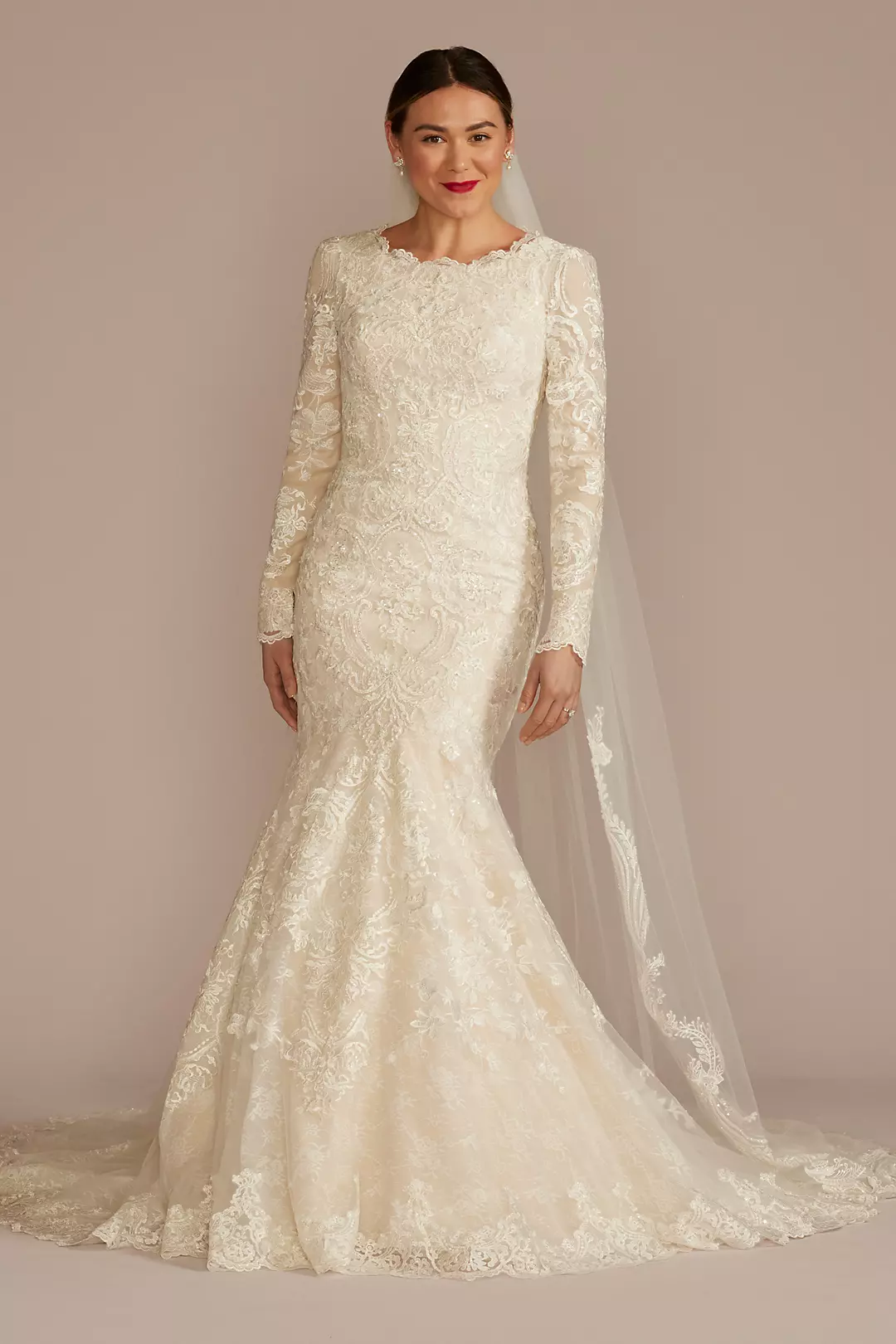 Lace Long Sleeve Mermaid Modest Wedding Dress - Image 3