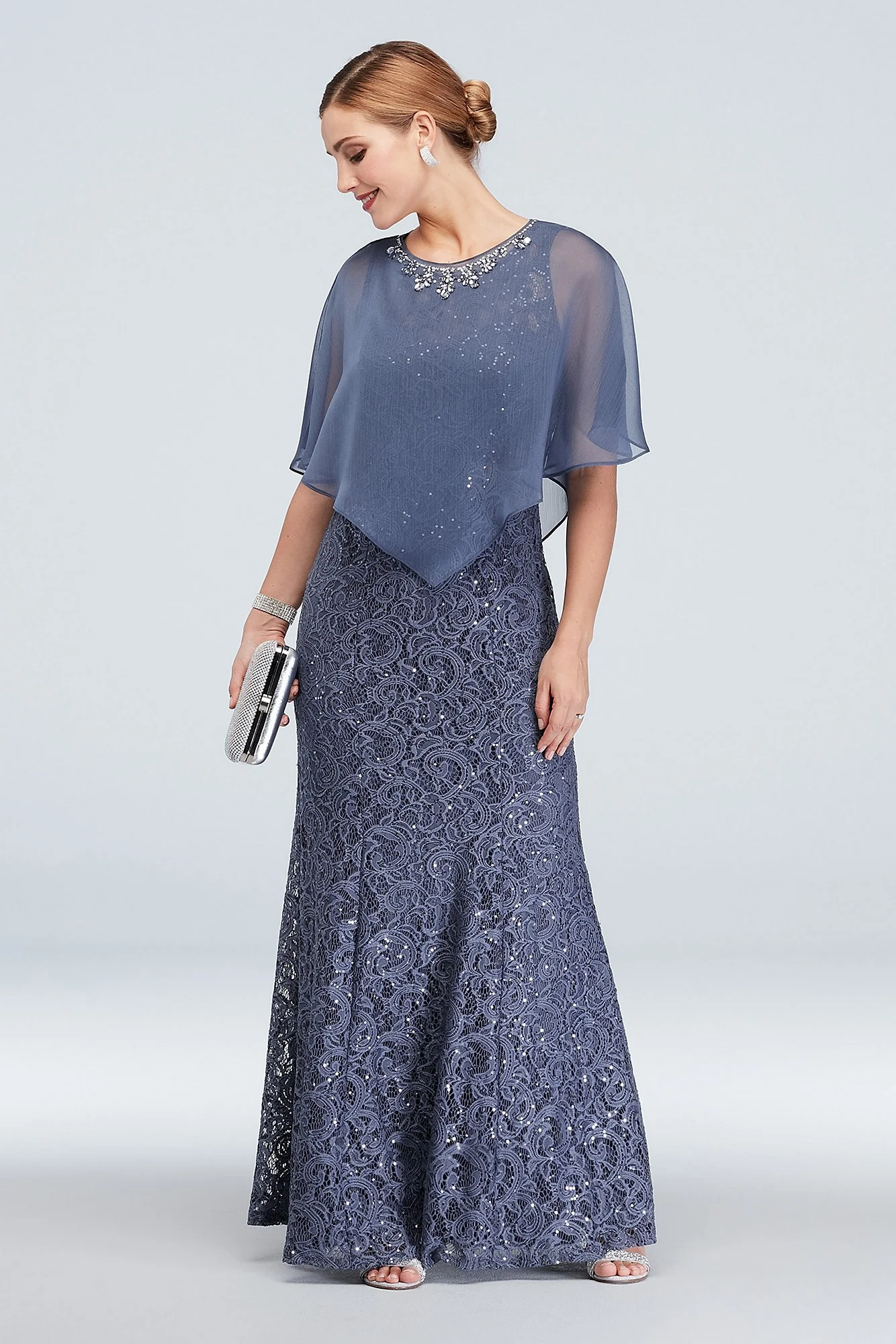 Lace Mermaid Dress with Beaded Chiffon Capelet - Image 8