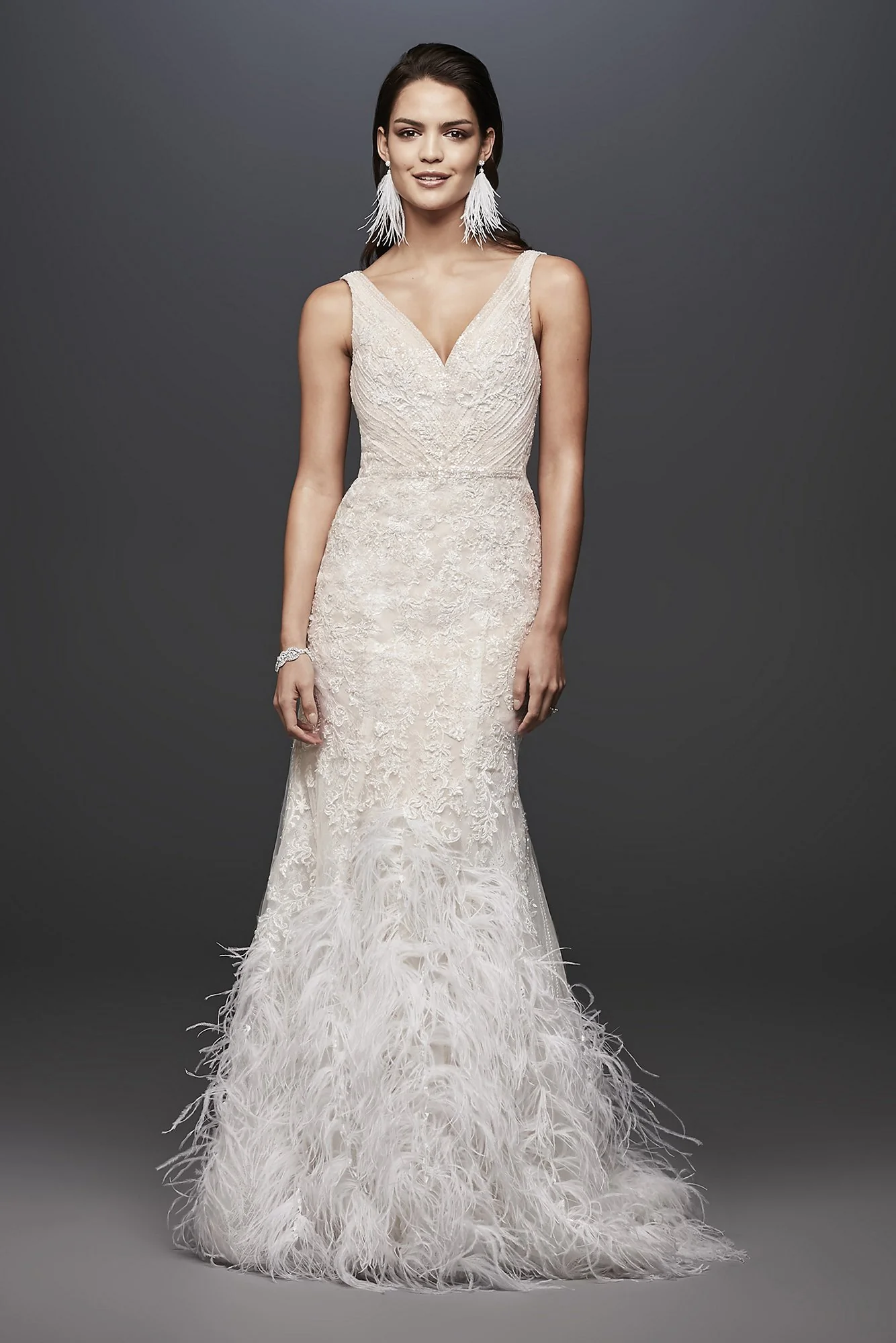 Lace Mermaid Wedding Dress with Feather Skirt - Image 5