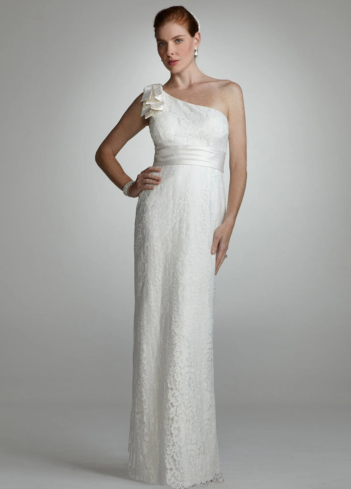 Lace One Shoulder Gown with Bow Detail