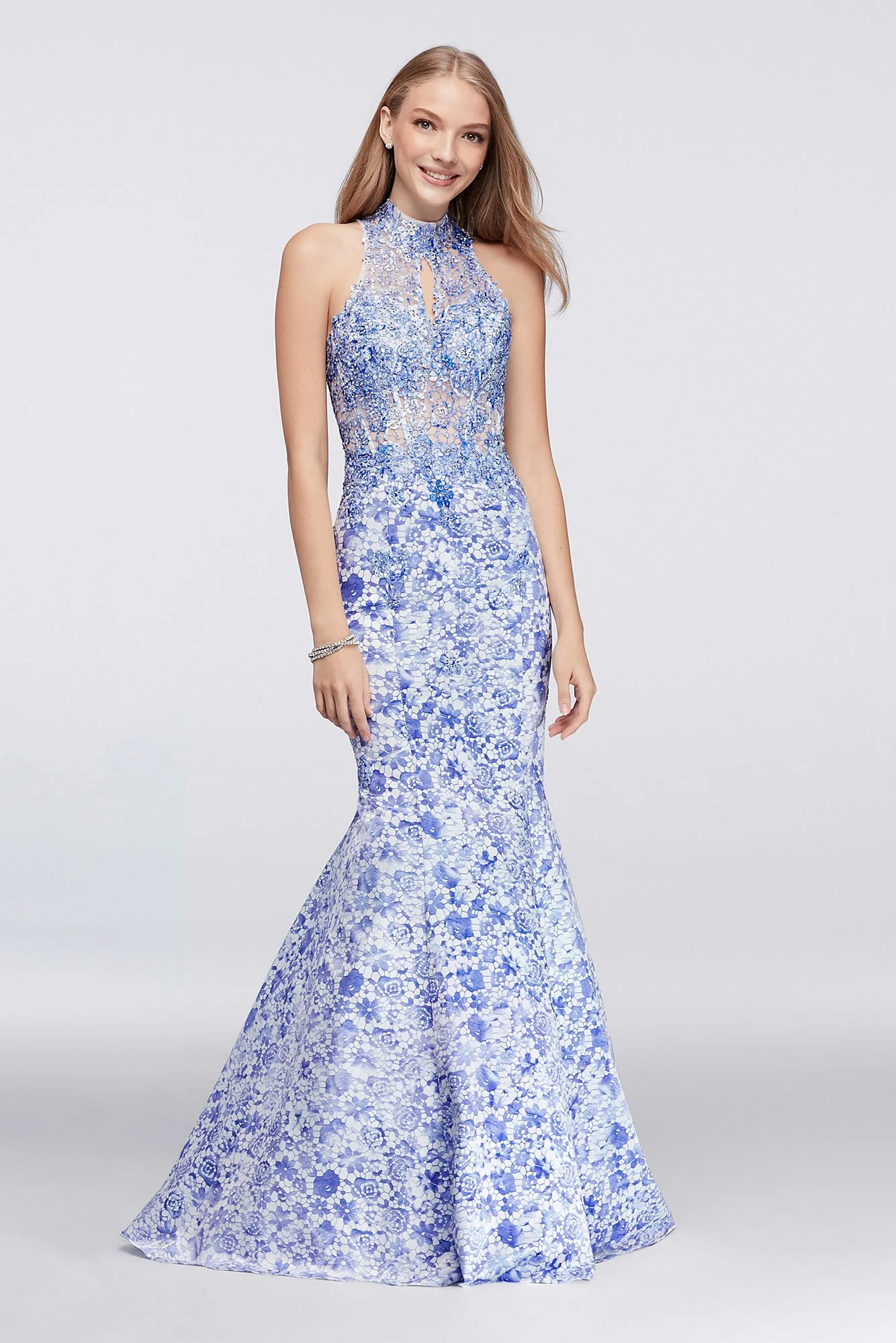 Lace-Print Mermaid Dress with Beaded Appliques