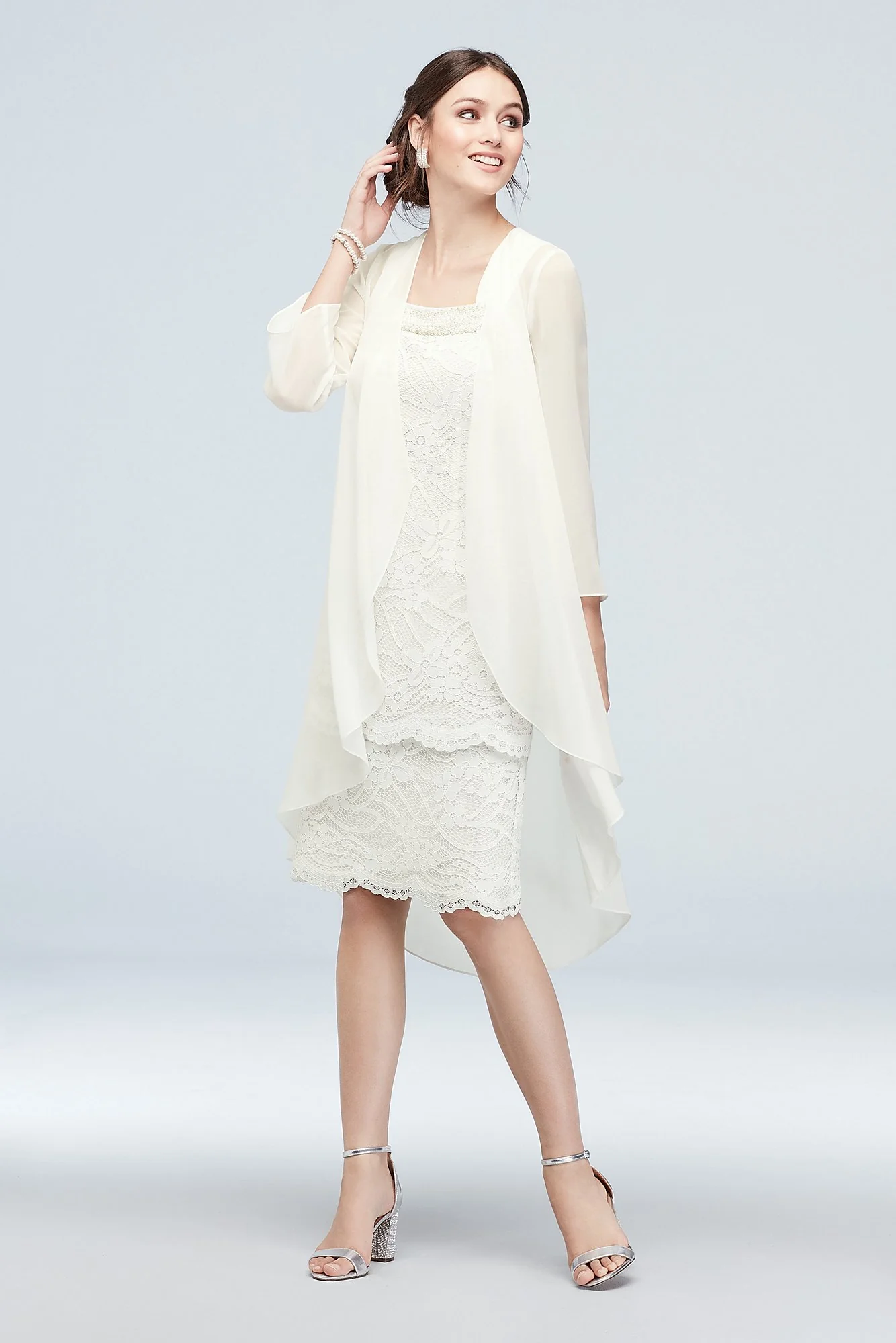 Lace Sheath and Chiffon Waterfall Drape Jacket Set