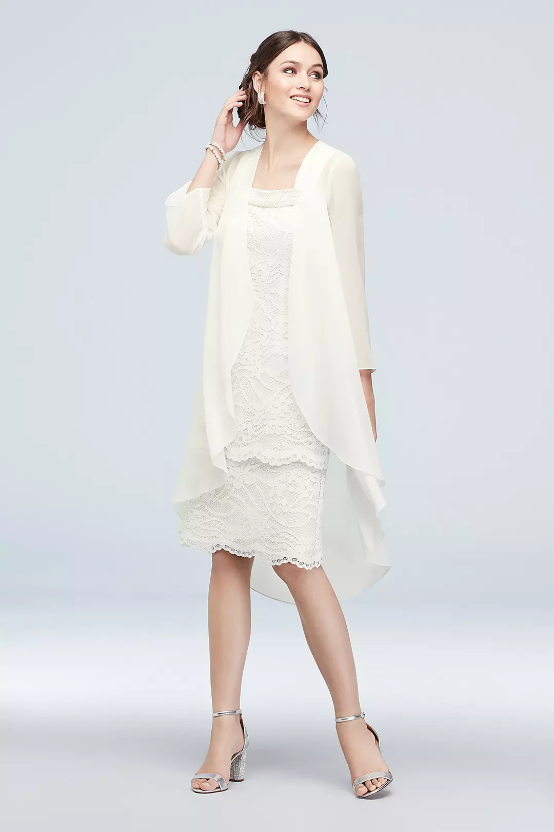 Lace Sheath and Chiffon Waterfall Drape Jacket Set - Image 9