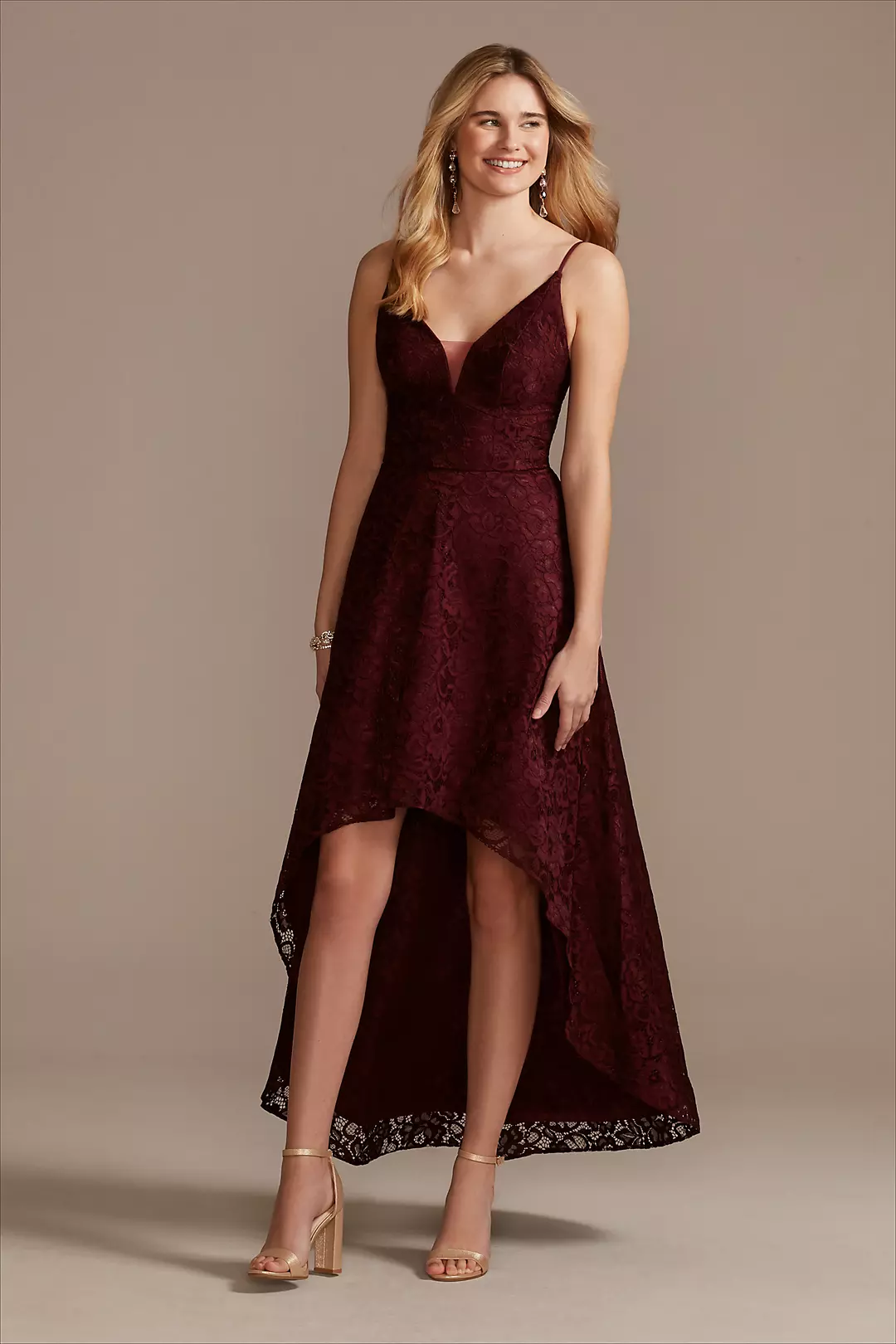 Lace Spaghetti Strap Plunging High-Low Dress - Image 20