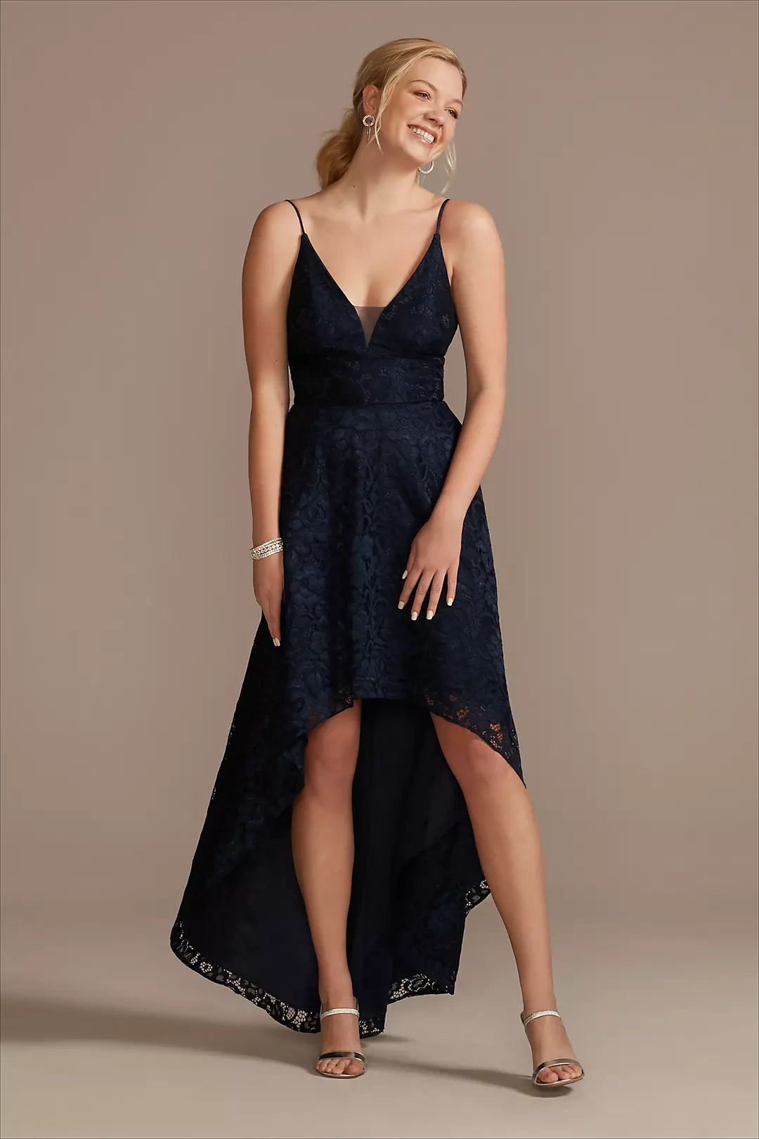 Lace Spaghetti Strap Plunging High-Low Dress - Image 6