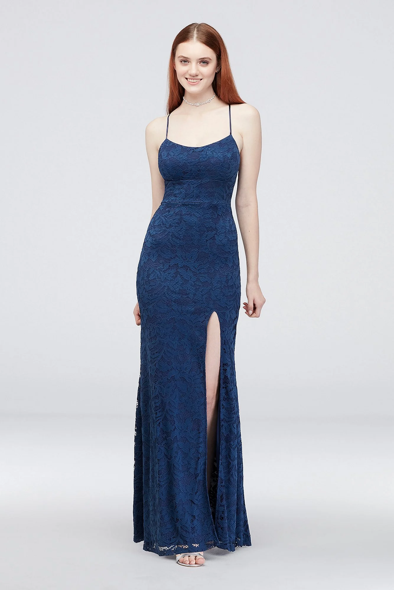 Lace Spaghetti Strap Sheath Gown with Tie Back