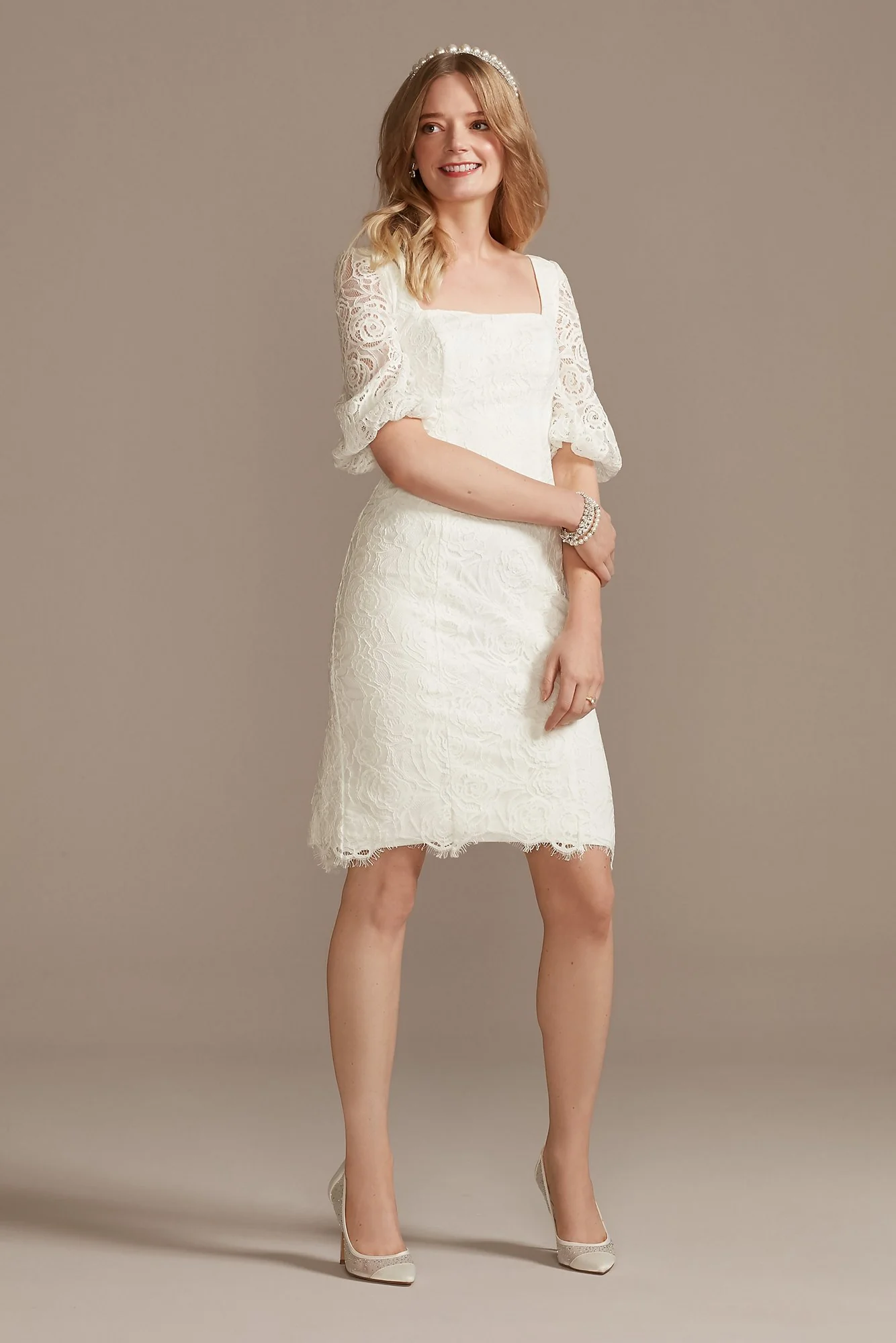 Lace Square Neck Mini Dress with Bubble Sleeves