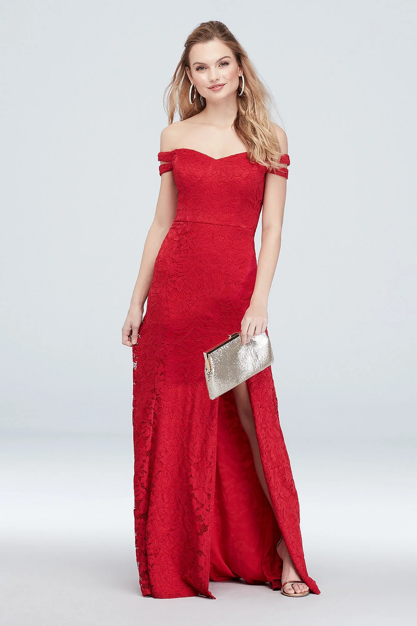 Lace Stretch Knit Off the Shoulder Dress with Slit - Image 2