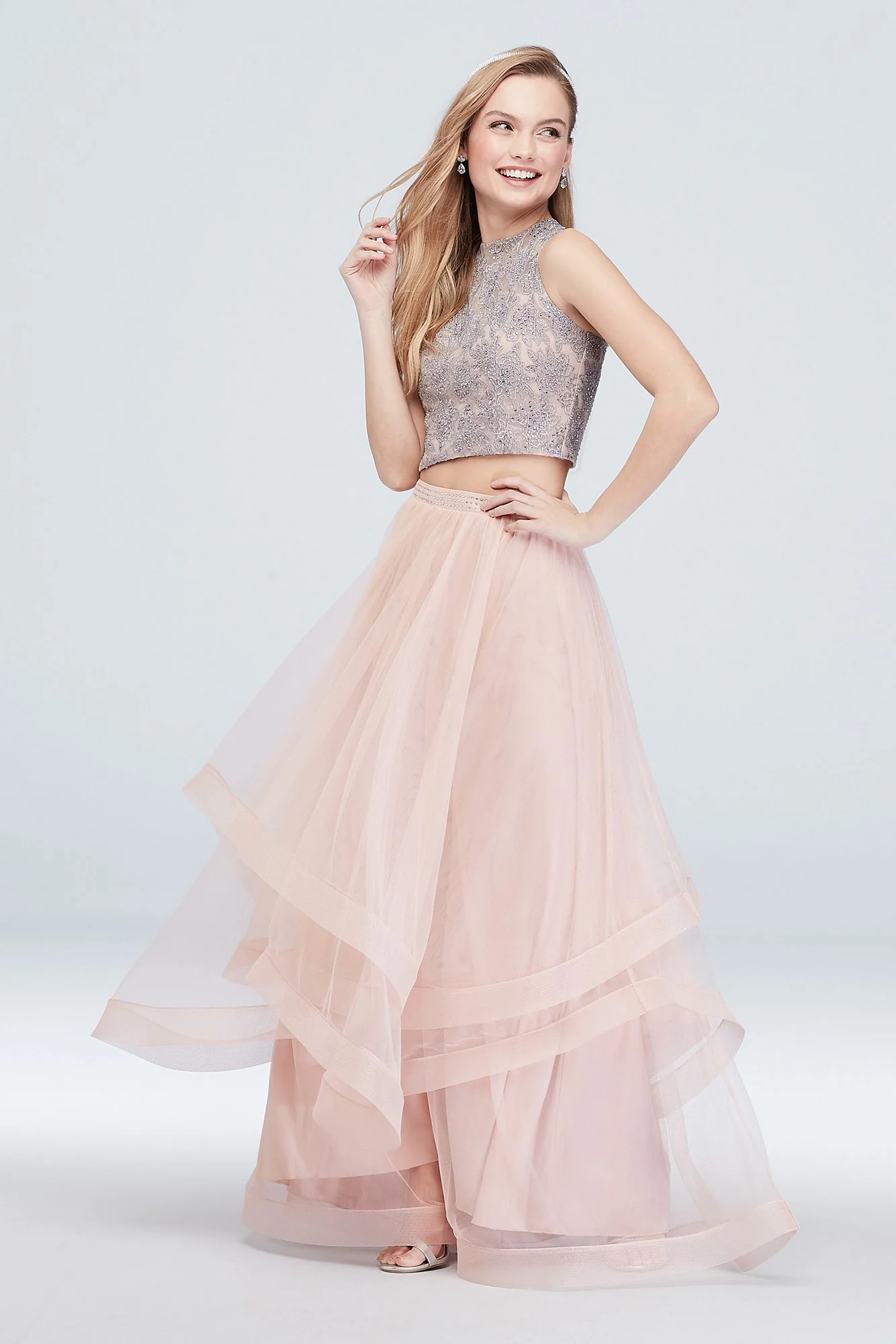 Lace Top and Crystal Belted Skirt Two Piece Set - Image 2