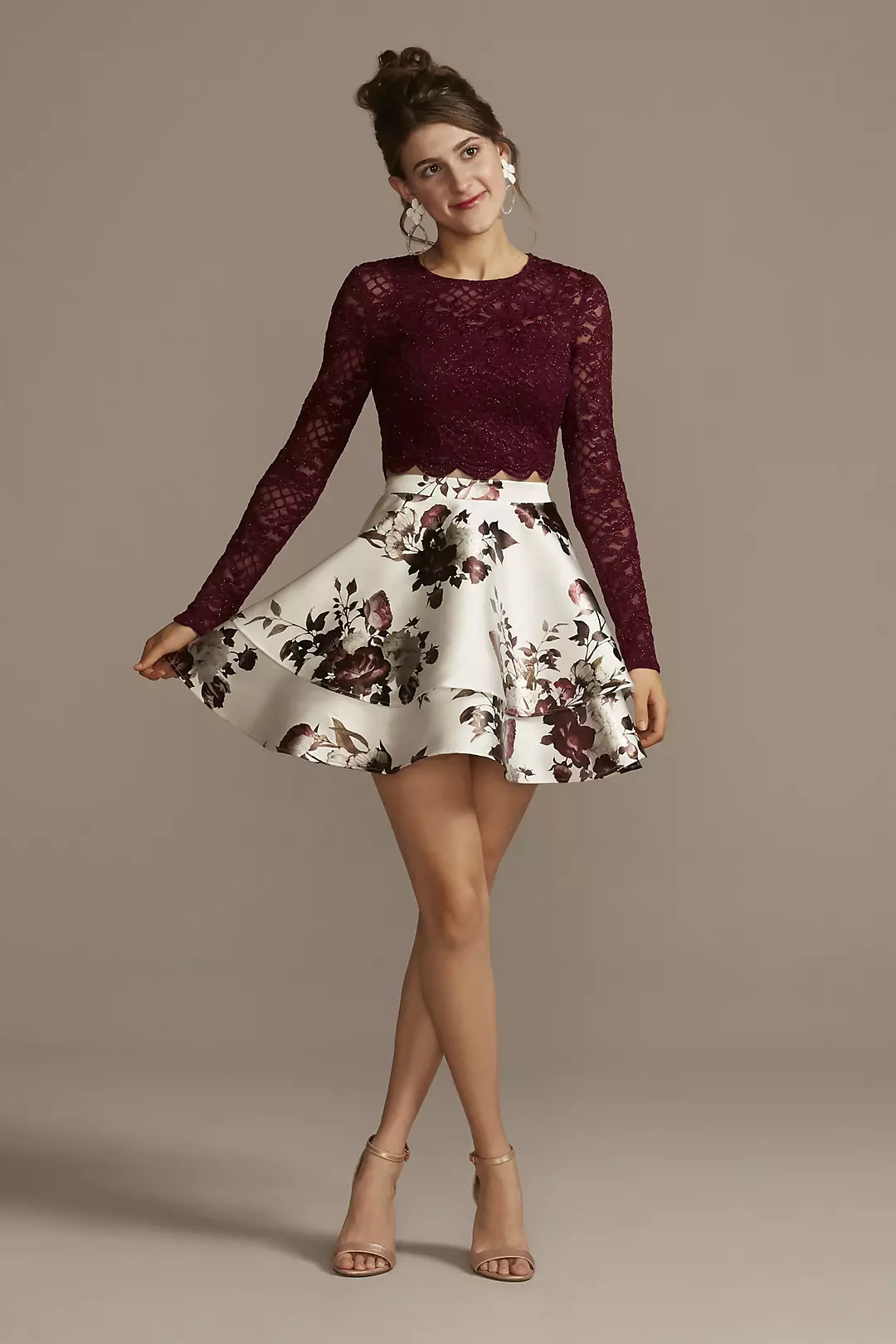Lace Top and Floral Satin Skirt Two-Piece Set - Image 3