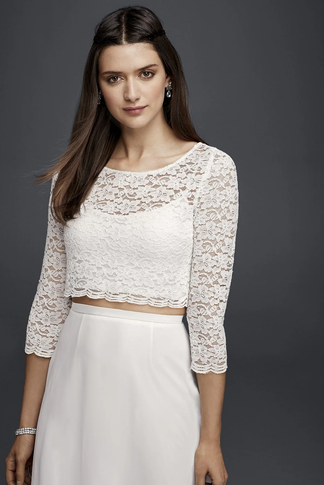Lace Wedding Crop Top with 3/4 Length Sleeves - Image 2