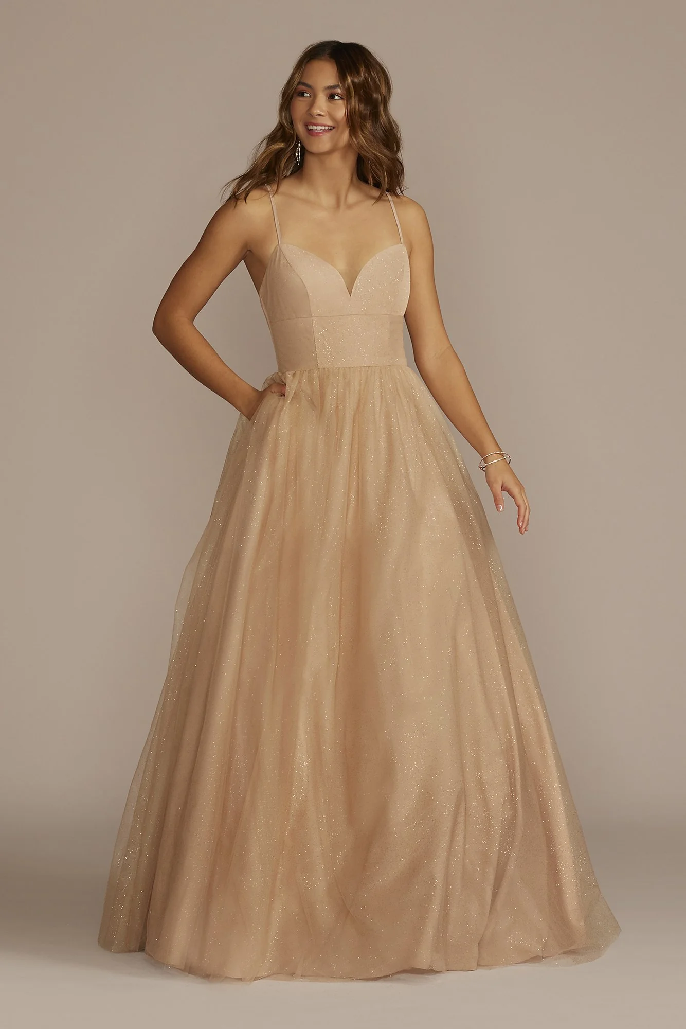 Lace-Up Glitter Tulle V-Neck Ball Gown - Image 3
