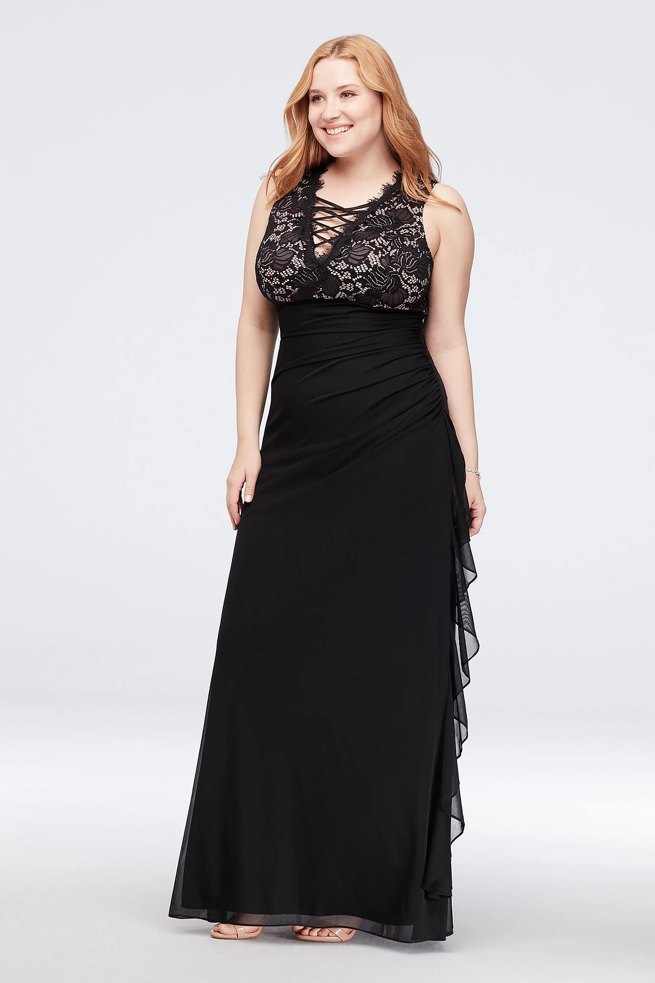 Lace-Up Neckline Gathered Chiffon Gown - Image 2