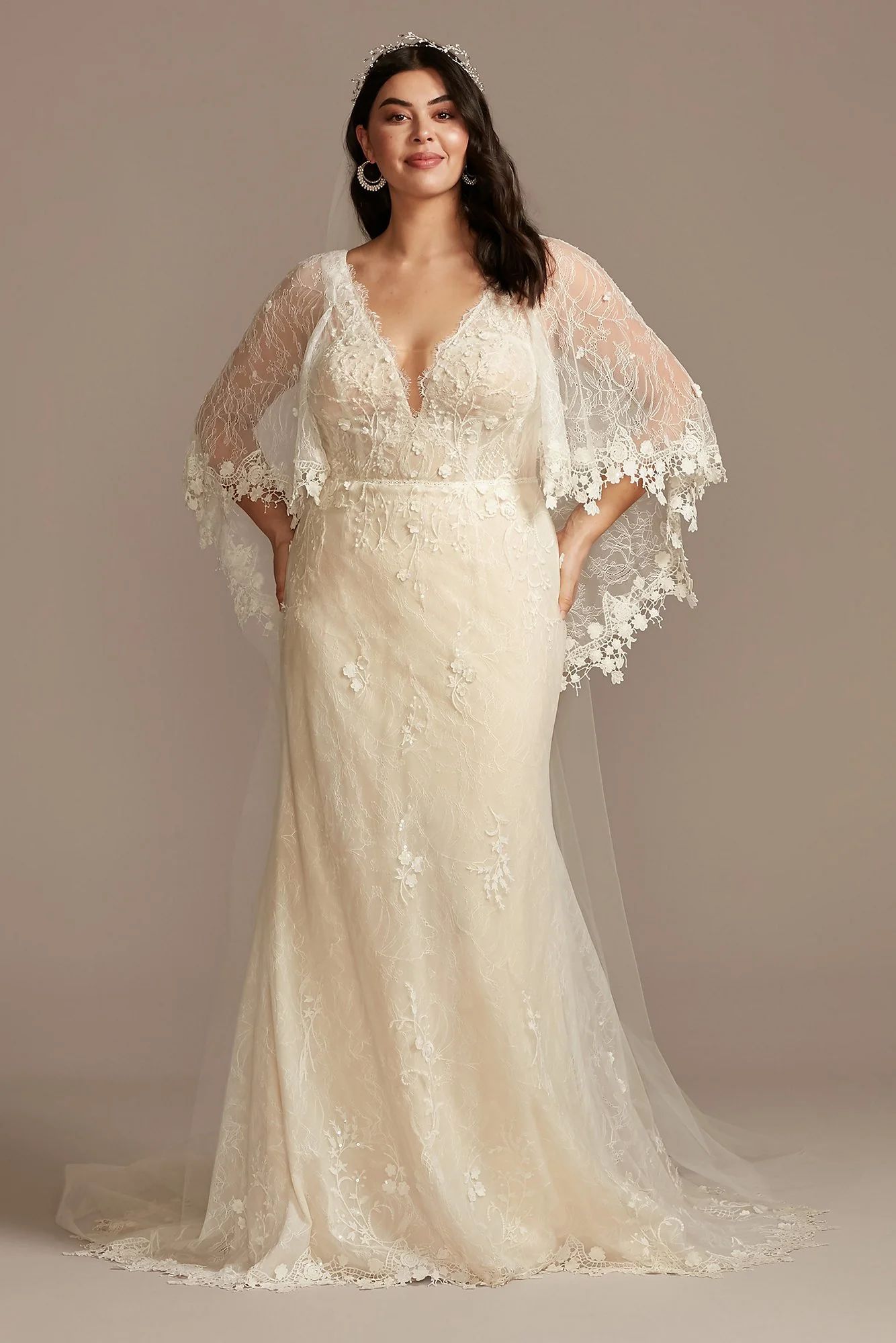 Lace Wedding Dress with Crochet Trim Capelet - Image 2