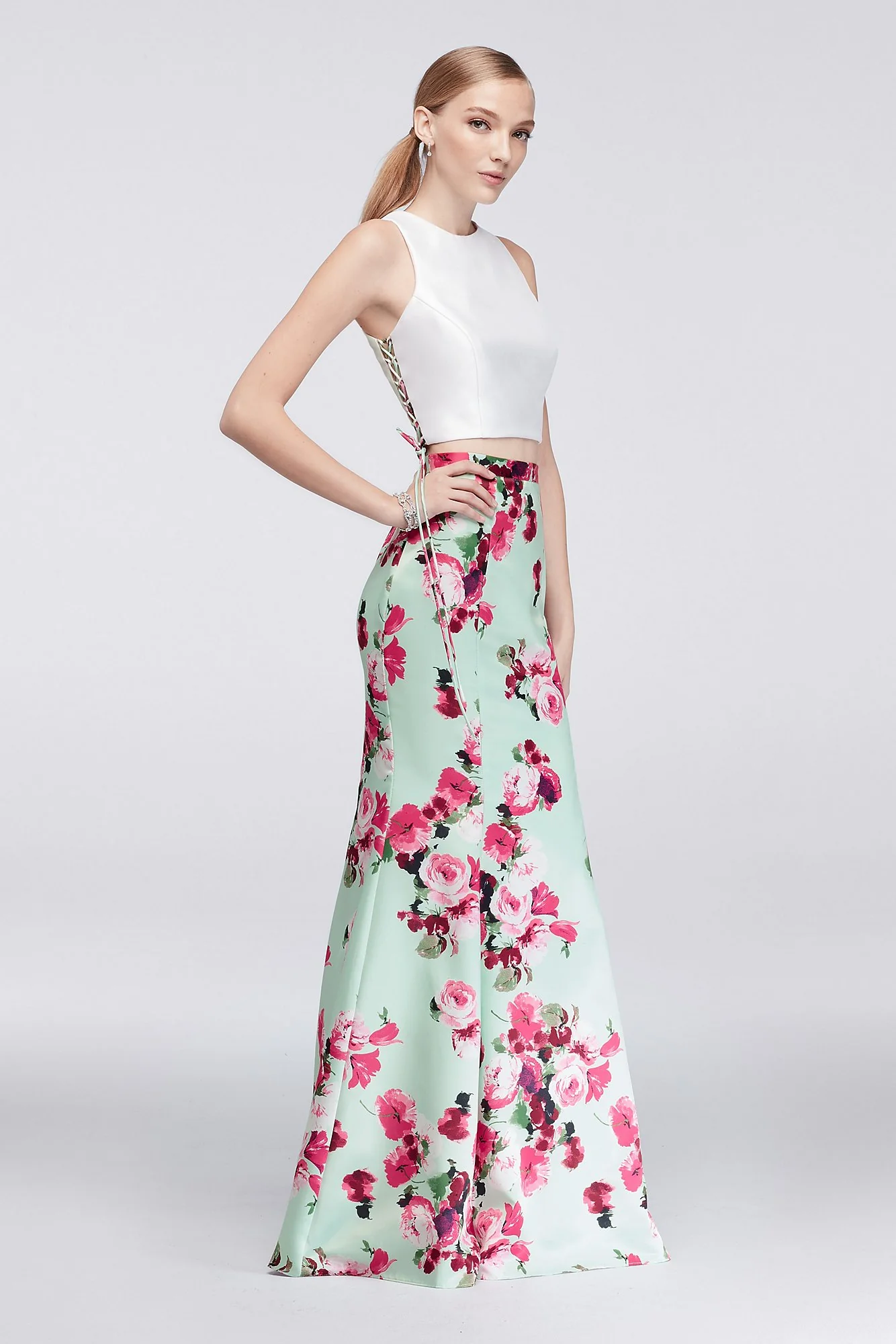 Laced-Side Top and Floral Skirt Two-Piece Dress